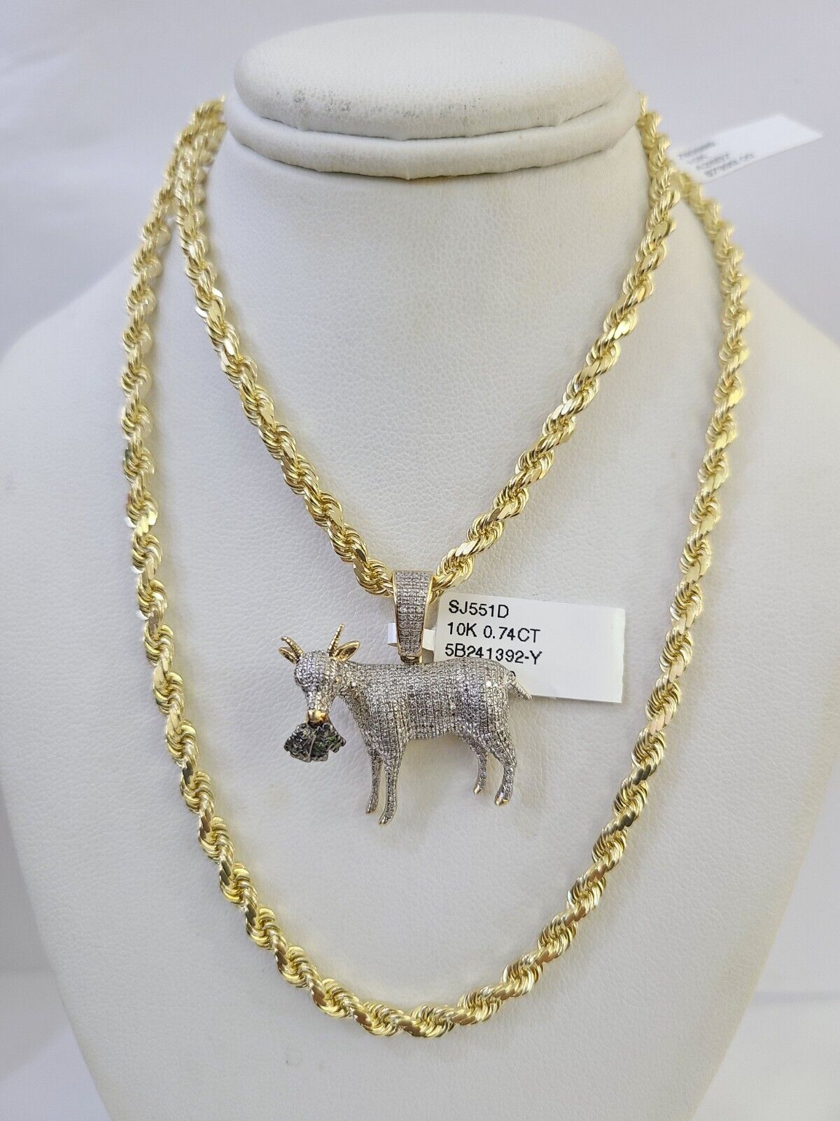 10k Solid Rope Chain Goat Charm Diamond Set 4mm 20" - 28" Necklace Gold Yellow - GoldenlinQ