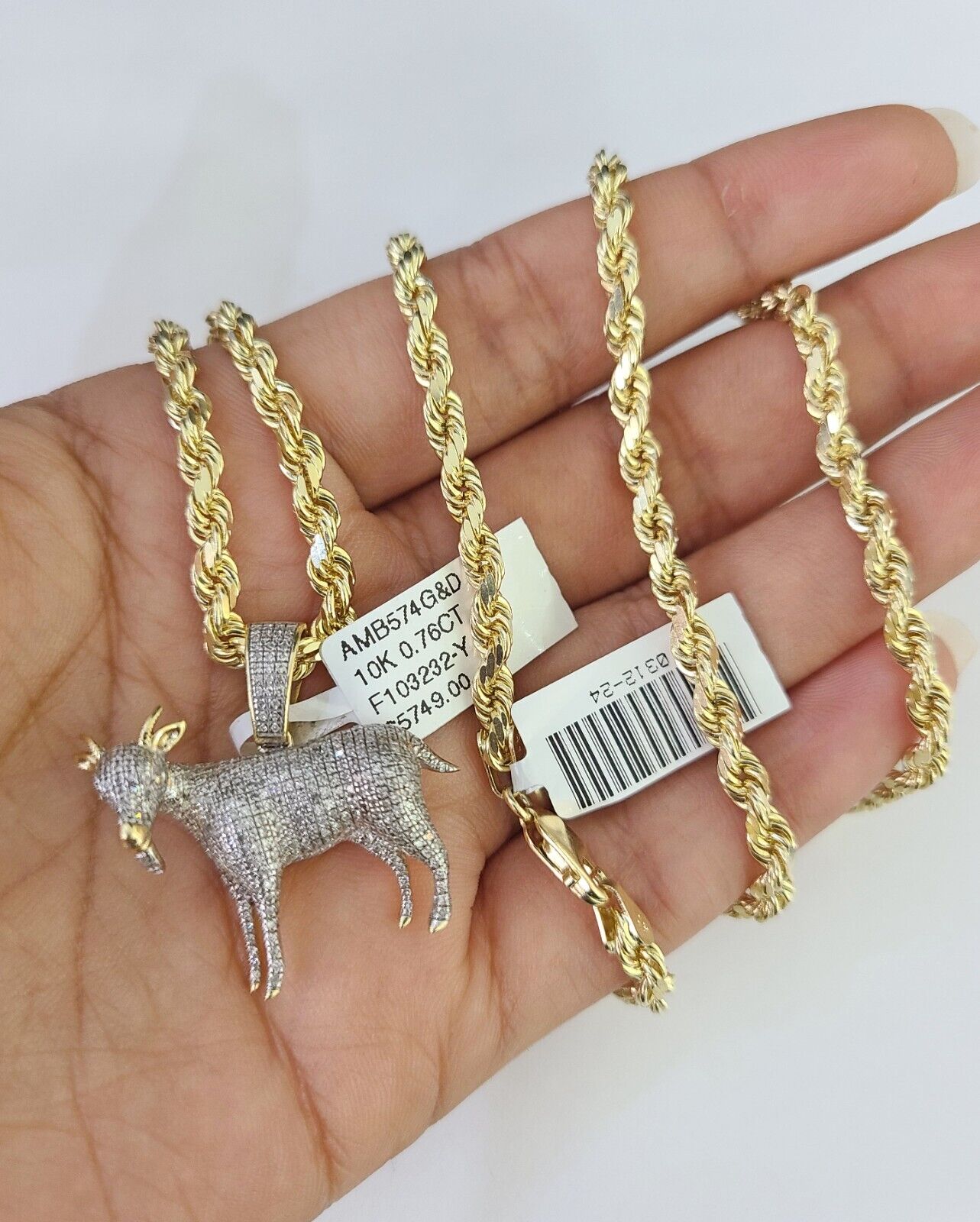 10k Solid Rope Chain Goat Charm Diamond Set 4mm 20" - 28" Necklace Gold Yellow - GoldenlinQ