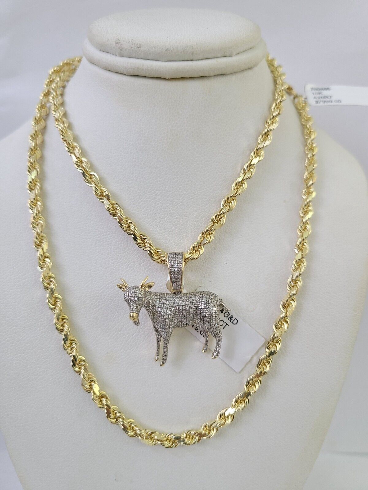 10k Solid Rope Chain Goat Charm Diamond Set 4mm 20" - 28" Necklace Gold Yellow - GoldenlinQ