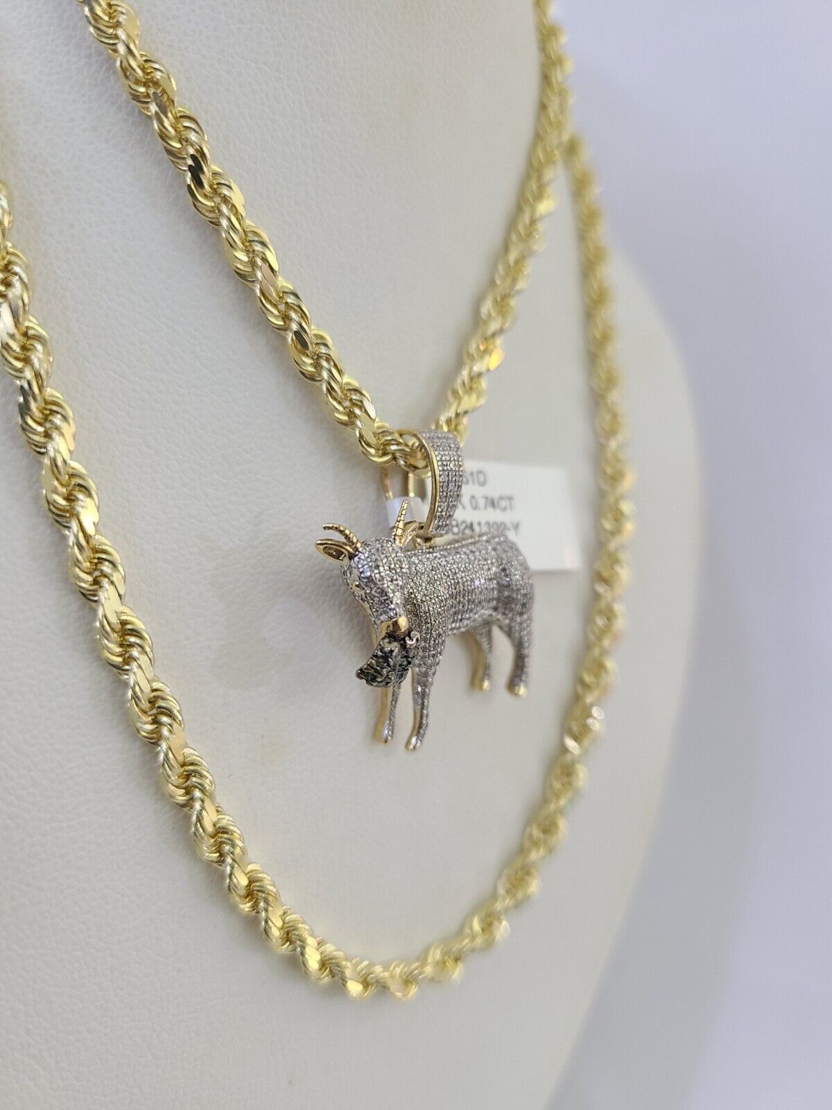 10k Solid Rope Chain Goat Charm Diamond Set 4mm 20" - 28" Necklace Gold Yellow - GoldenlinQ