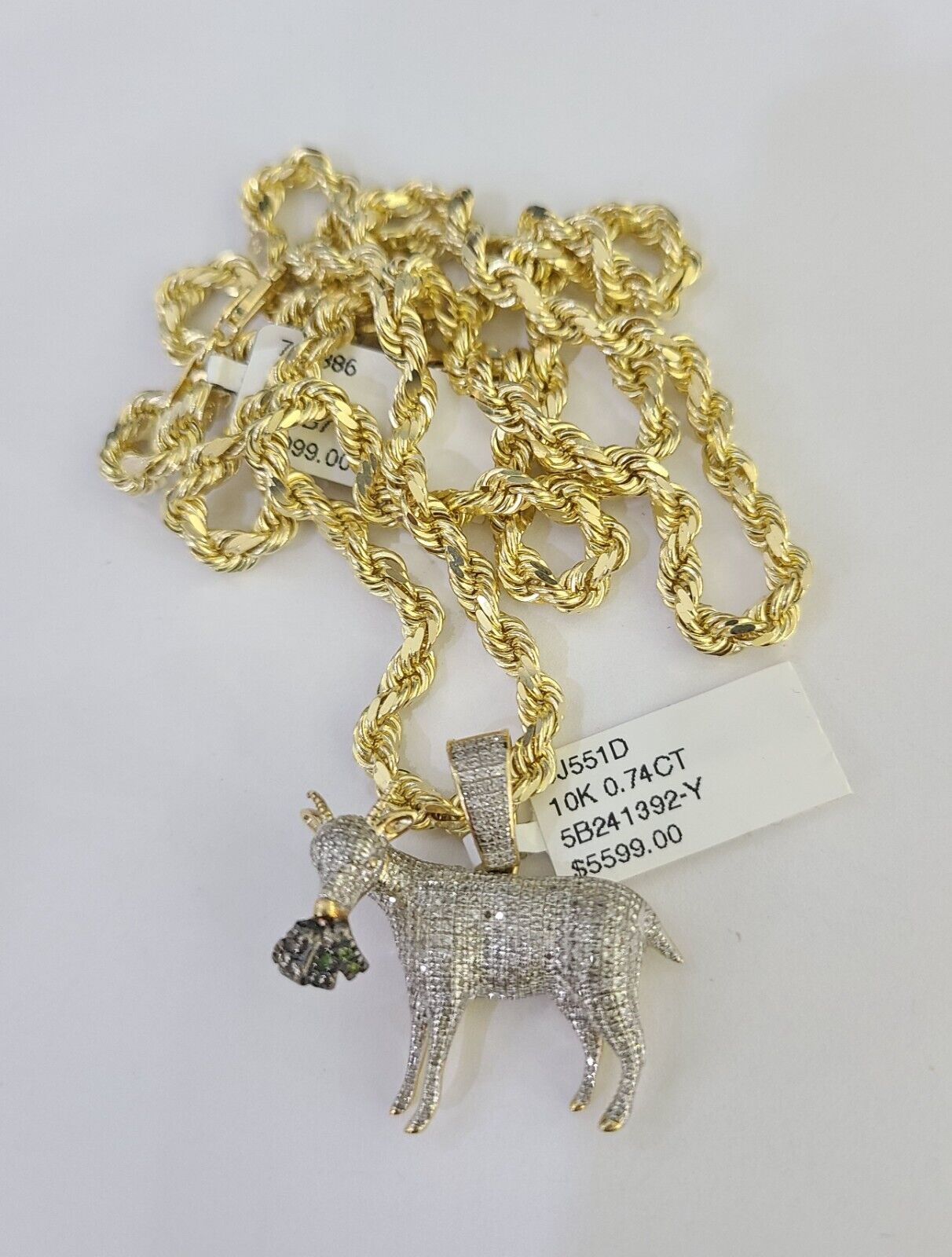 10k Solid Rope Chain Goat Charm Diamond Set 4mm 20" - 28" Necklace Gold Yellow - GoldenlinQ