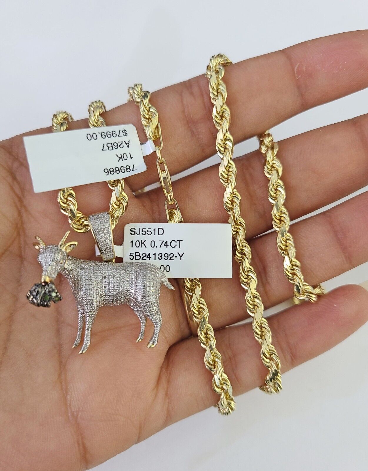 10k Solid Rope Chain Goat Charm Diamond Set 4mm 20" - 28" Necklace Gold Yellow - GoldenlinQ