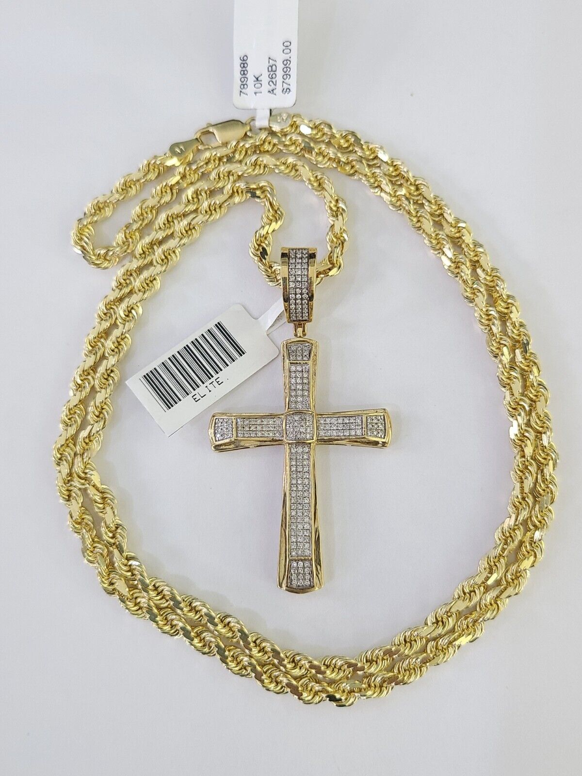 10k Solid Rope Chain Jesus Cross Charm Diamond Set 4mm 20" - 28" Necklace Gold - GoldenlinQ