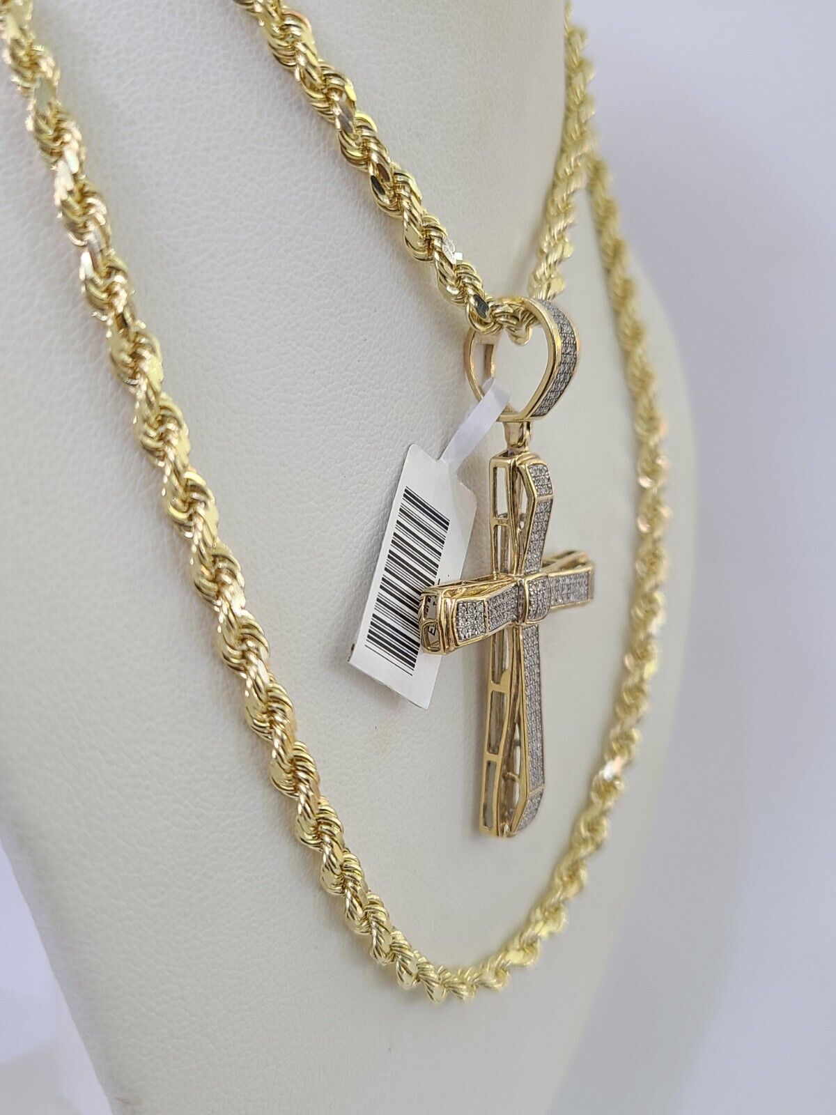 10k Solid Rope Chain Jesus Cross Charm Diamond Set 4mm 20" - 28" Necklace Gold - GoldenlinQ