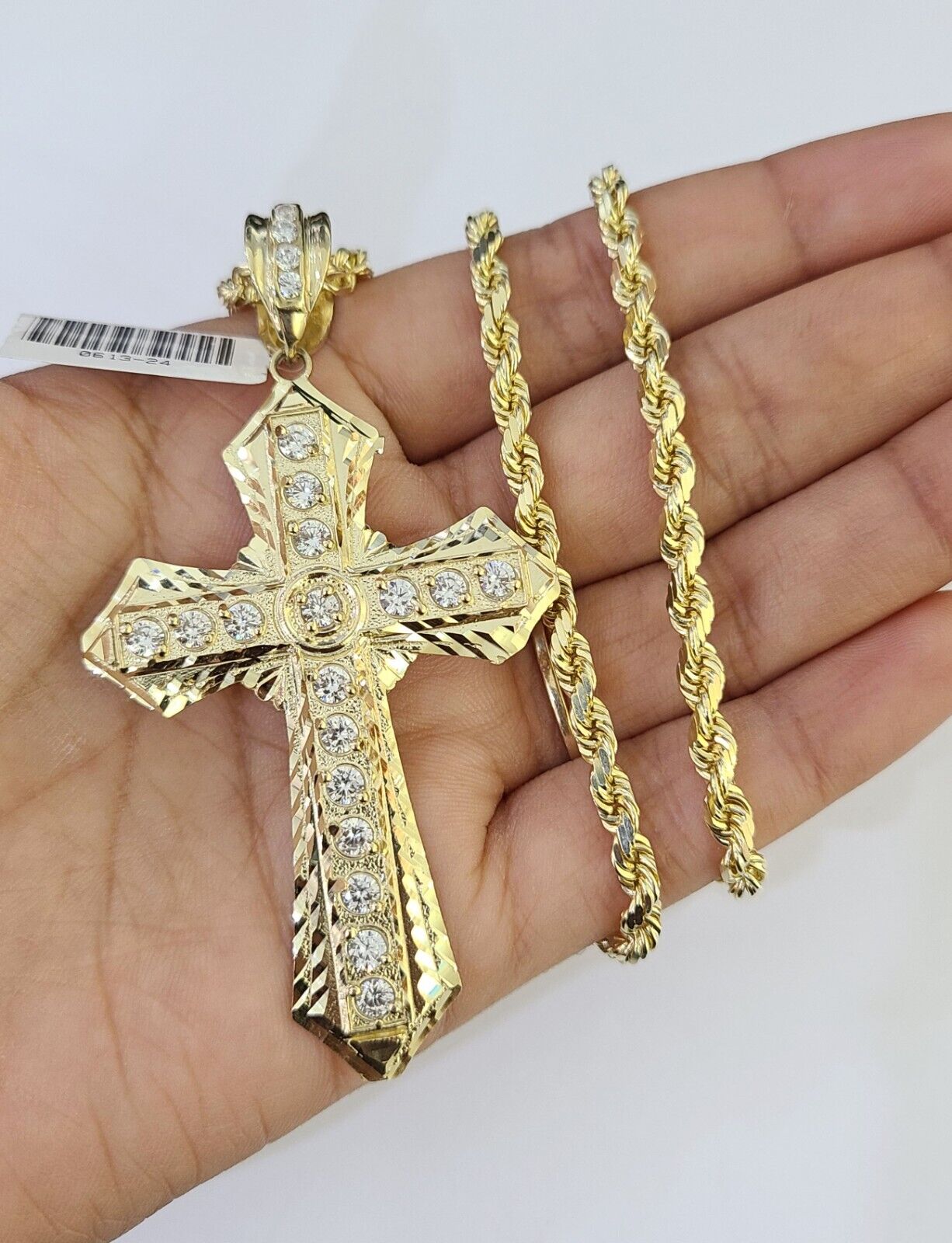 10k Solid Rope Chain Jesus Cross Charm Set 4mm 18" - 28" Necklace Yellow Gold - GoldenlinQ