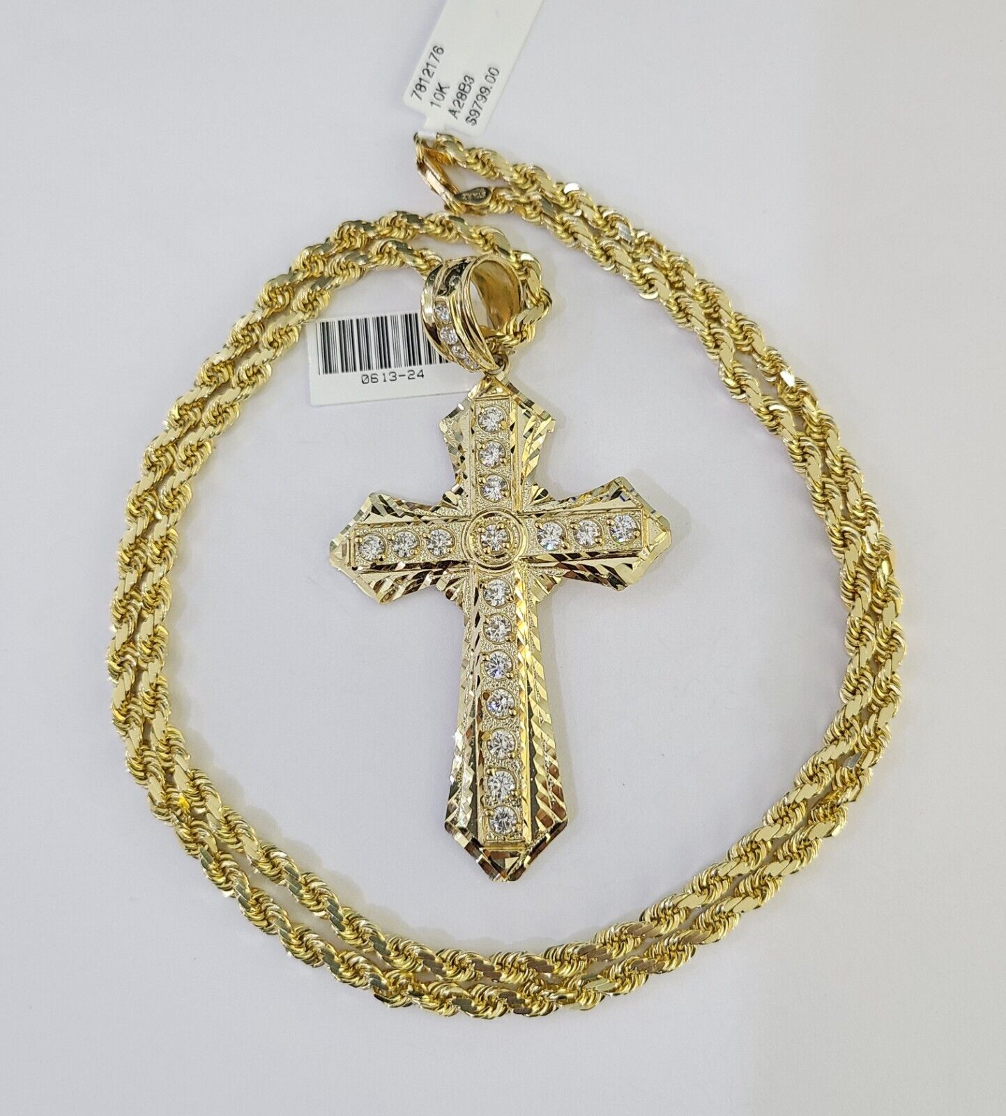 10k Solid Rope Chain Jesus Cross Charm Set 4mm 18" - 28" Necklace Yellow Gold - GoldenlinQ