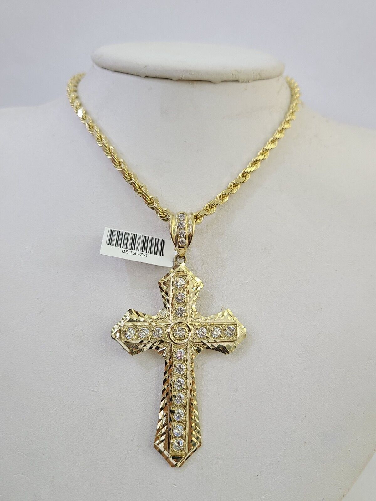 10k Solid Rope Chain Jesus Cross Charm Set 4mm 18" - 28" Necklace Yellow Gold - GoldenlinQ