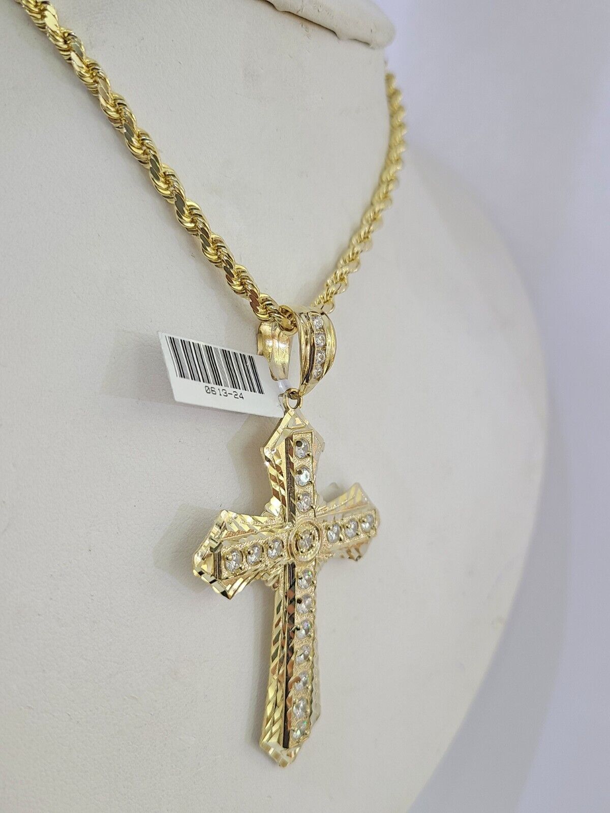 10k Solid Rope Chain Jesus Cross Charm Set 4mm 18" - 28" Necklace Yellow Gold - GoldenlinQ