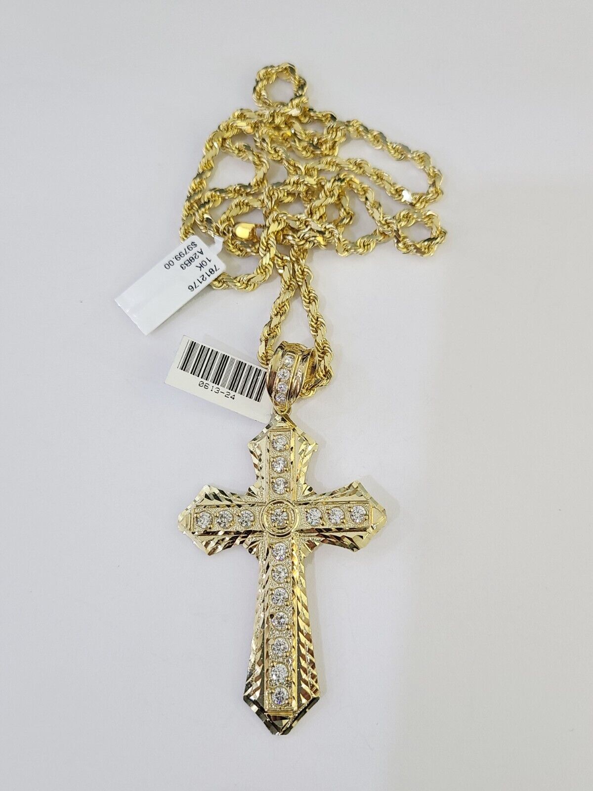 10k Solid Rope Chain Jesus Cross Charm Set 4mm 18" - 28" Necklace Yellow Gold - GoldenlinQ