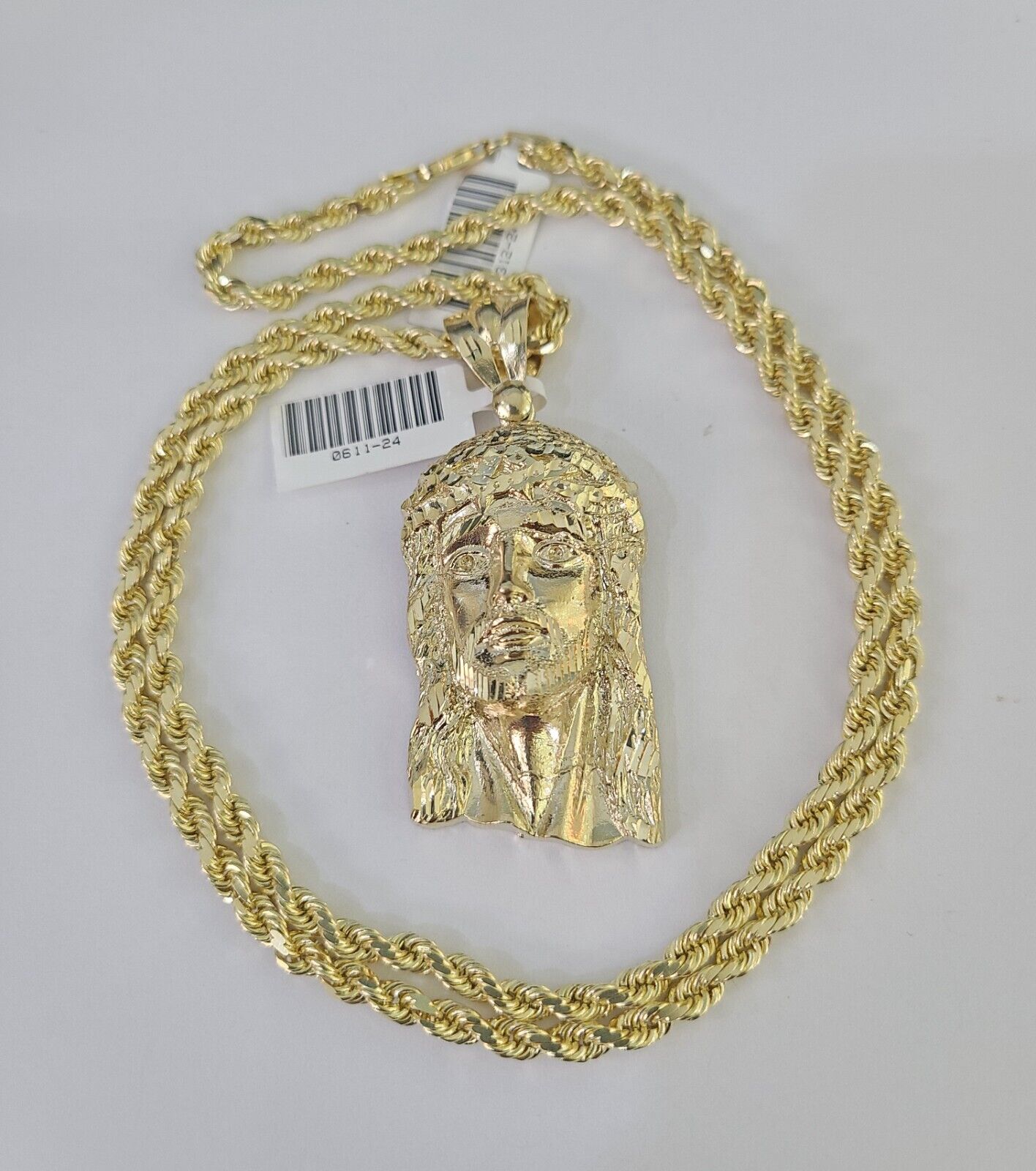 10k Solid Rope Chain Jesus Head Charm Set 4mm 20" - 28" Necklace Gold Yellow - GoldenlinQ