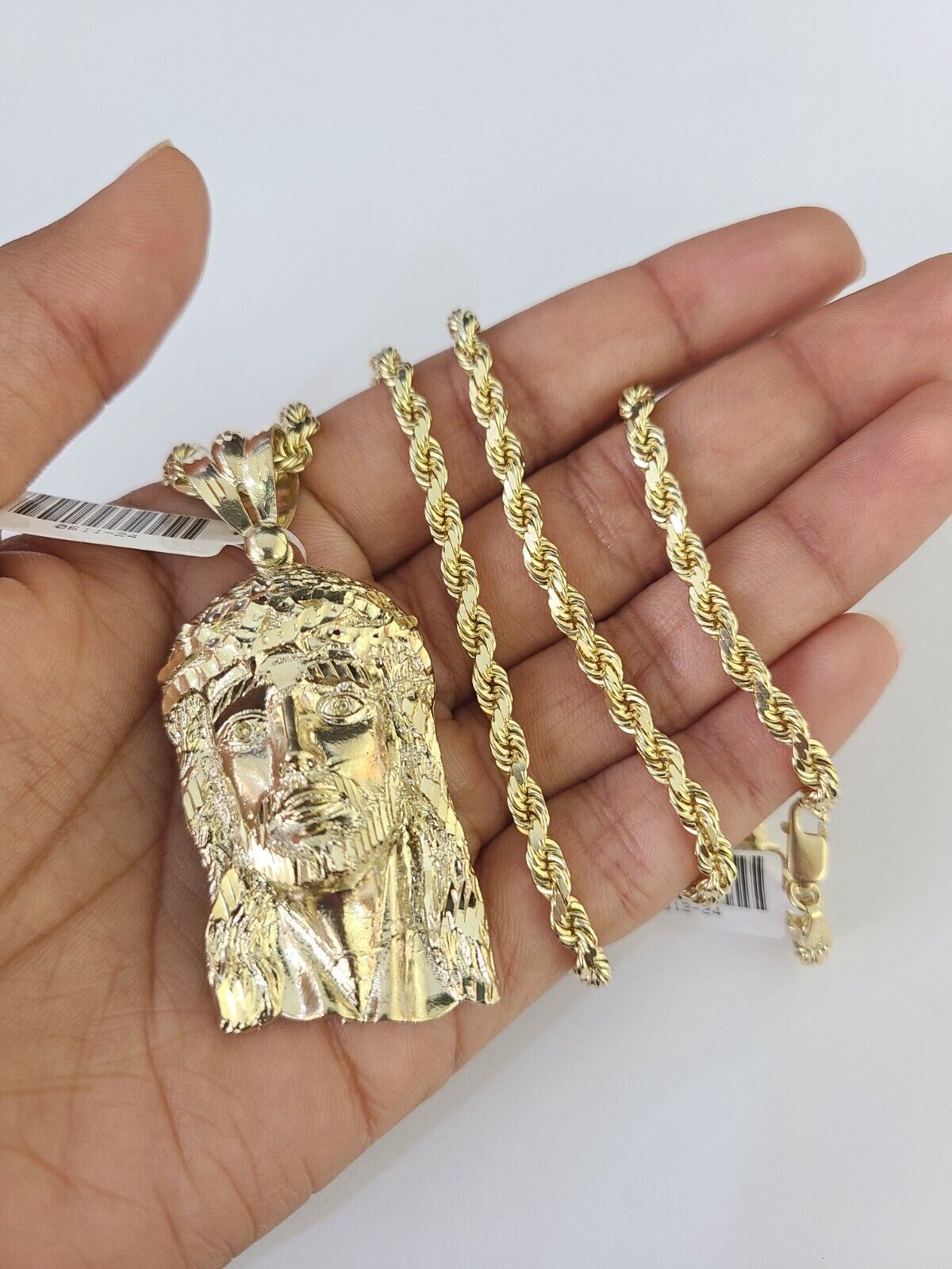 10k Solid Rope Chain Jesus Head Charm Set 4mm 20" - 28" Necklace Gold Yellow - GoldenlinQ