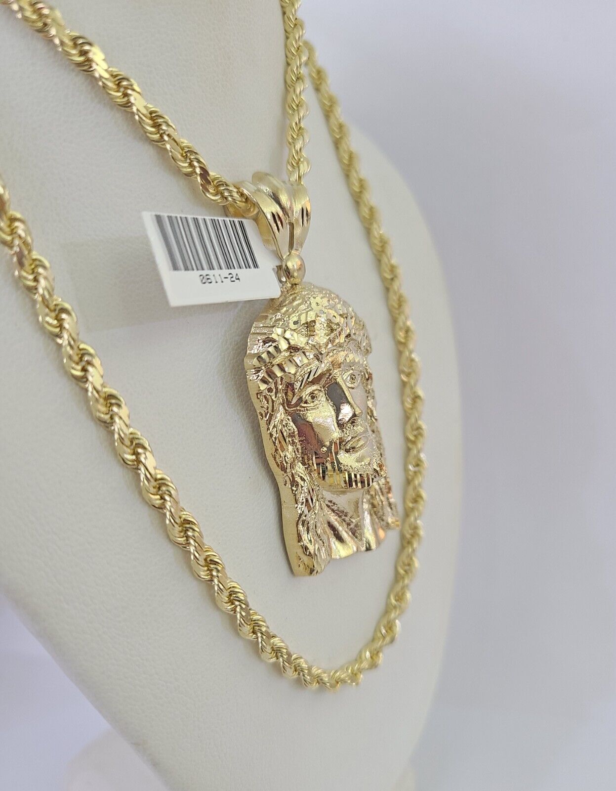 10k Solid Rope Chain Jesus Head Charm Set 4mm 20" - 28" Necklace Gold Yellow - GoldenlinQ