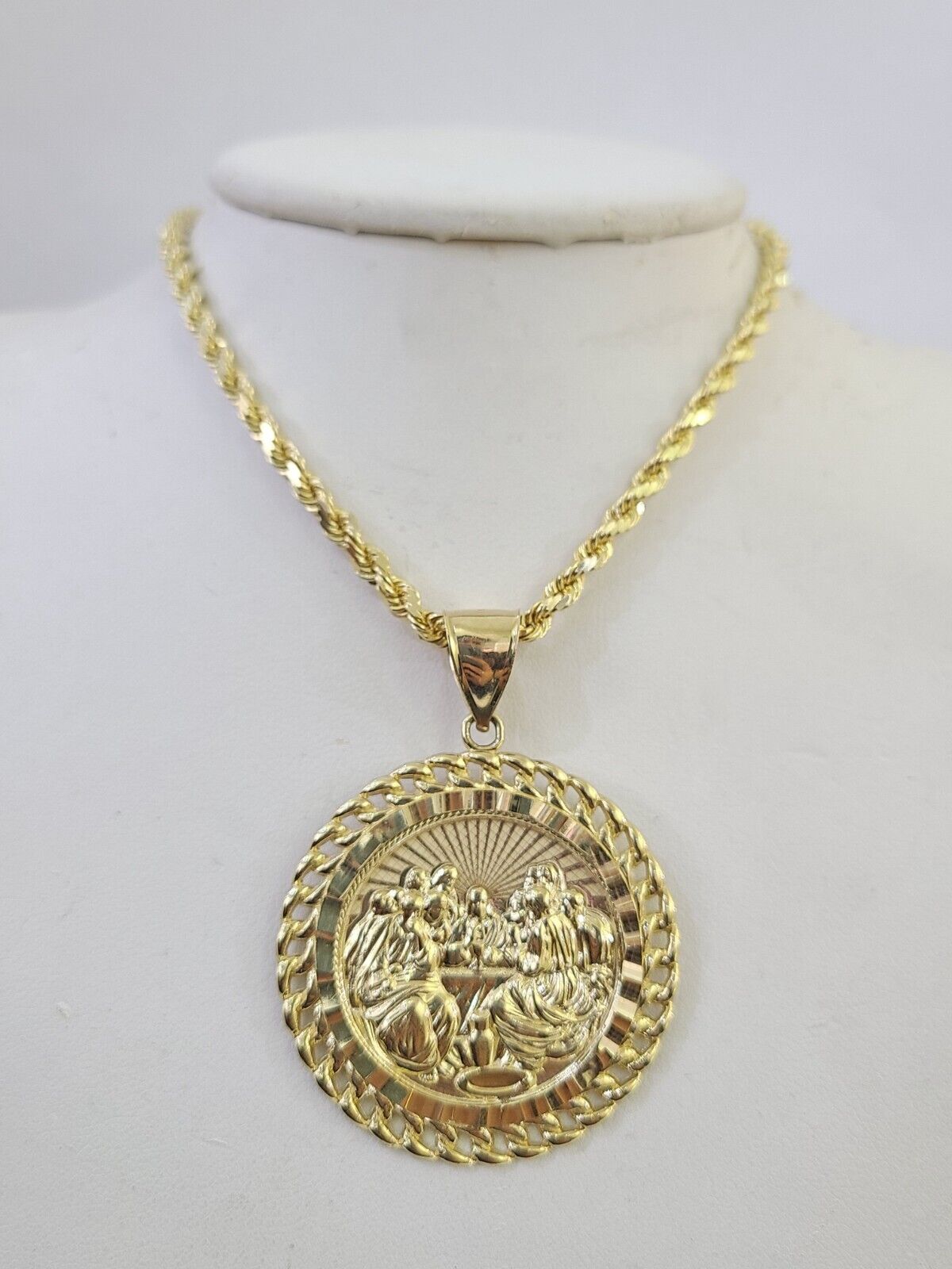 10k Solid Rope Chain Last Supper Charm Set 4mm 18" - 28"Inch Necklace REAL Gold - GoldenlinQ