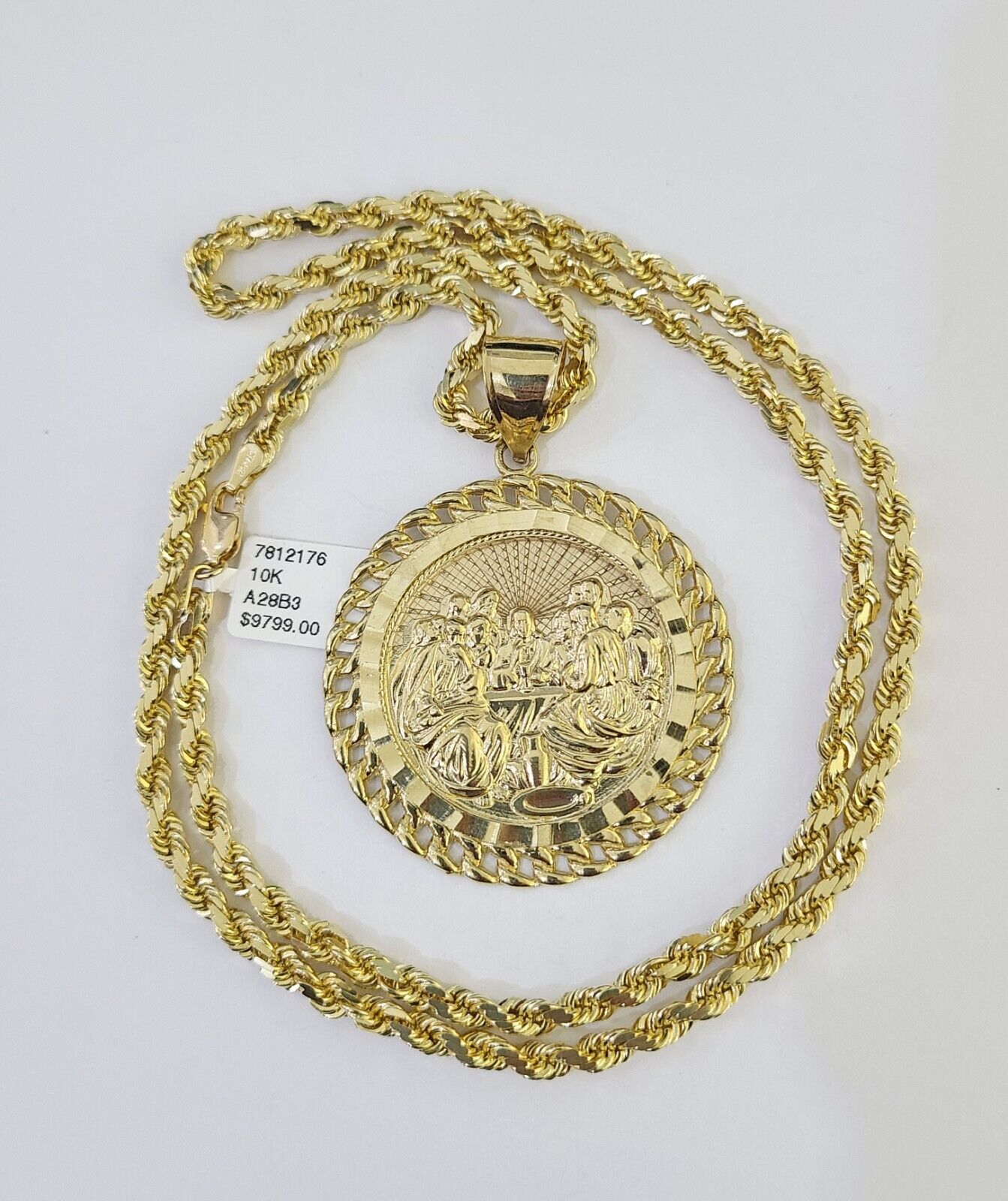 10k Solid Rope Chain Last Supper Charm Set 4mm 18" - 28"Inch Necklace REAL Gold - GoldenlinQ