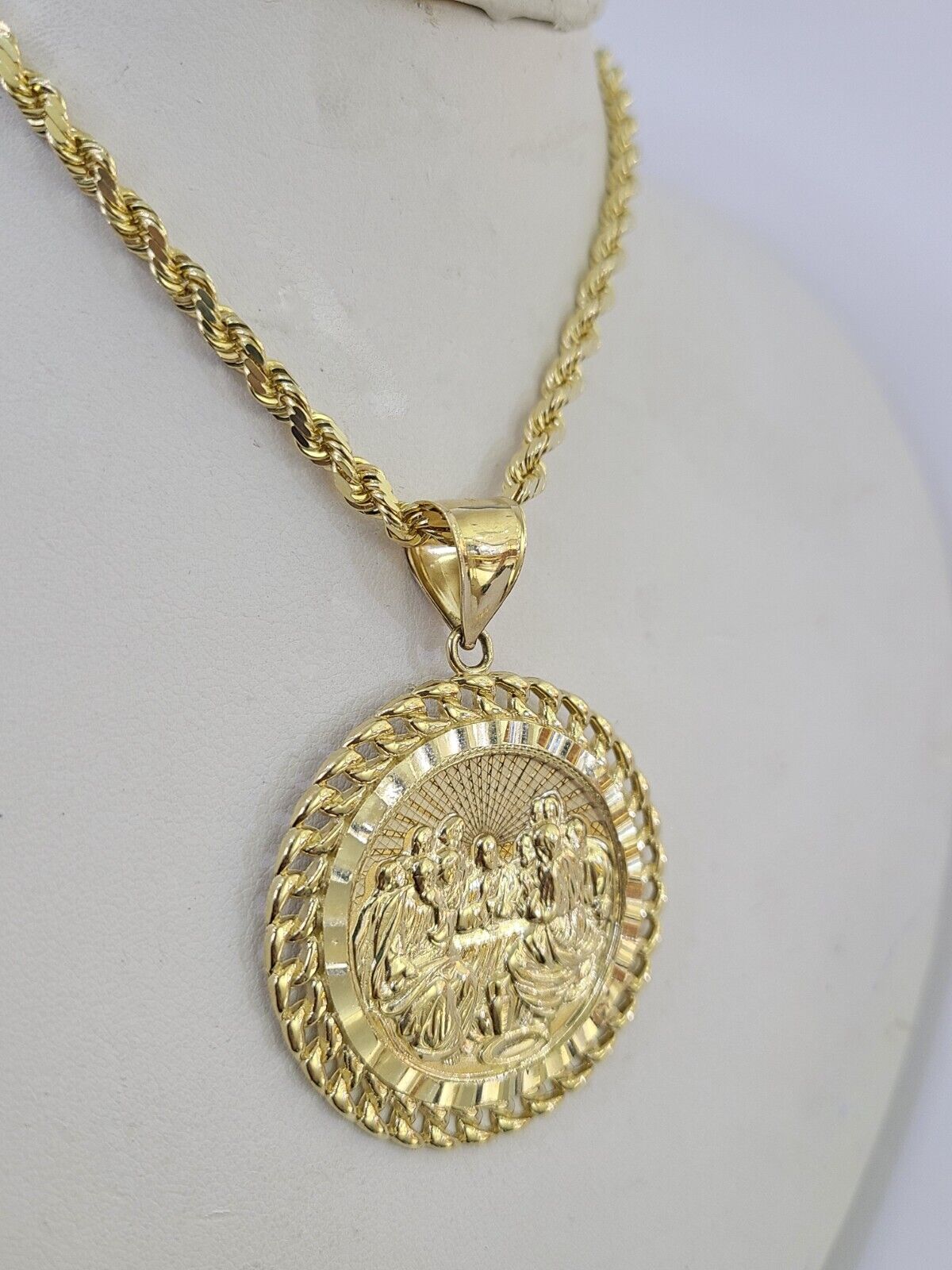 10k Solid Rope Chain Last Supper Charm Set 4mm 18" - 28"Inch Necklace REAL Gold - GoldenlinQ