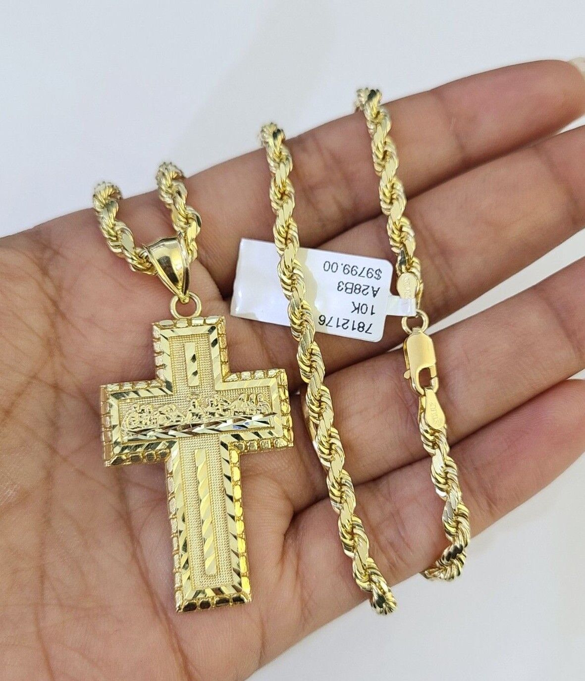 10k Solid Rope Chain Last Supper Cross Charm Set 4mm 18" - 28" Necklace Yellow - GoldenlinQ
