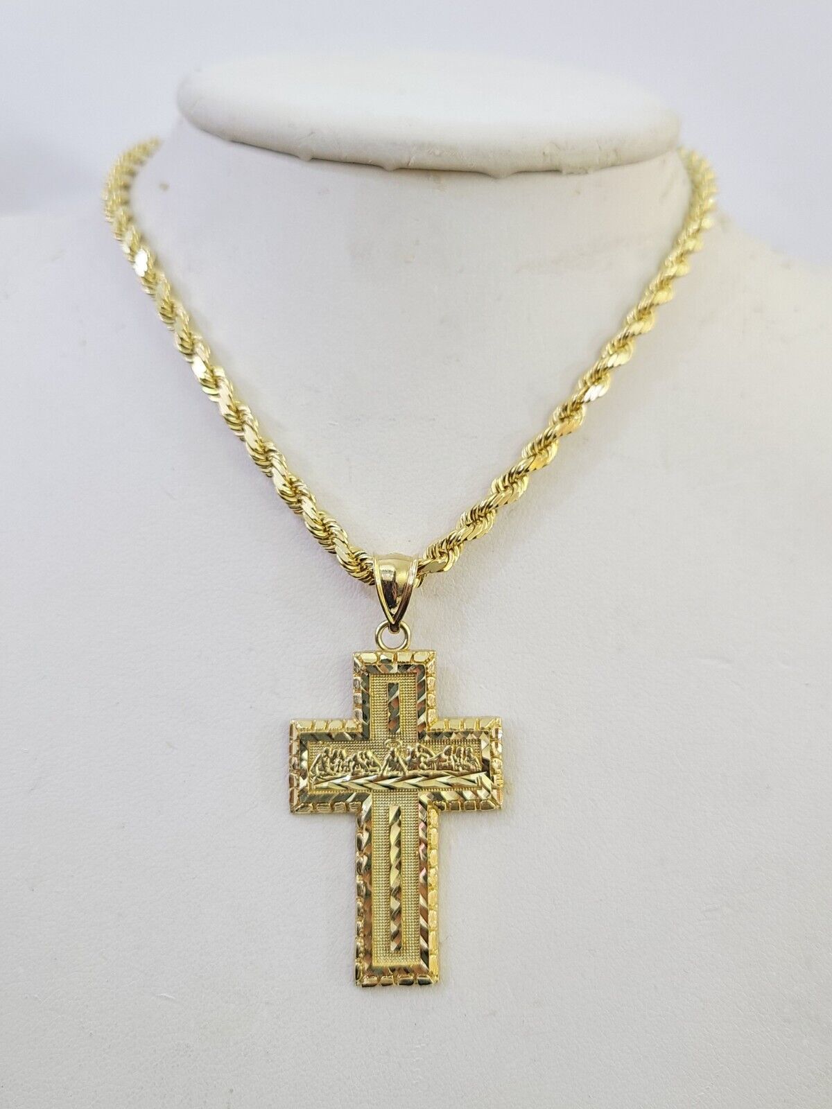 10k Solid Rope Chain Last Supper Cross Charm Set 4mm 18" - 28" Necklace Yellow - GoldenlinQ
