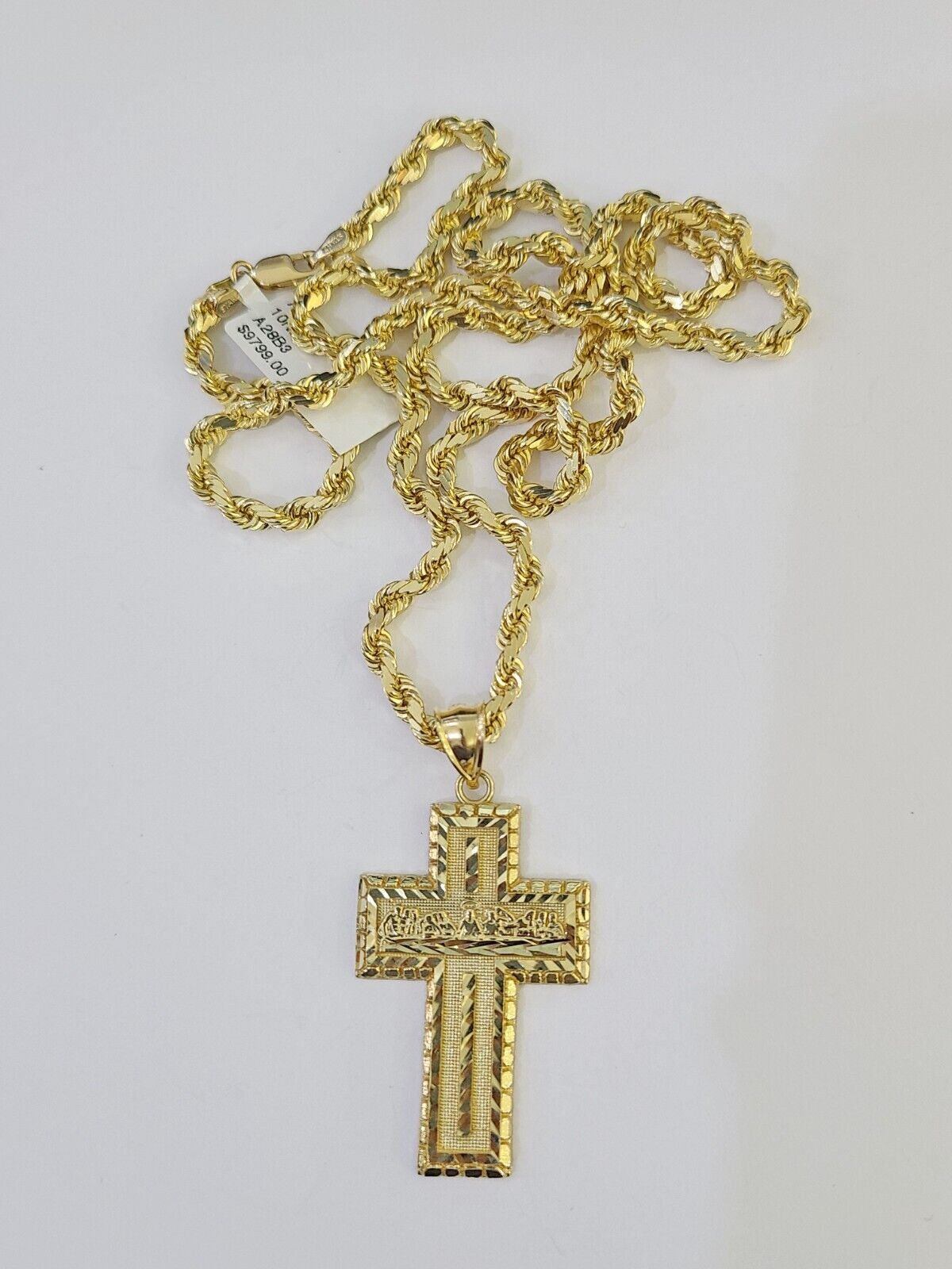 10k Solid Rope Chain Last Supper Cross Charm Set 4mm 18" - 28" Necklace Yellow - GoldenlinQ