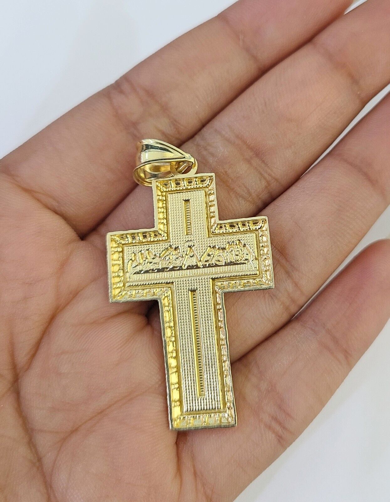 10k Solid Rope Chain Last Supper Cross Charm Set 4mm 18" - 28" Necklace Yellow - GoldenlinQ