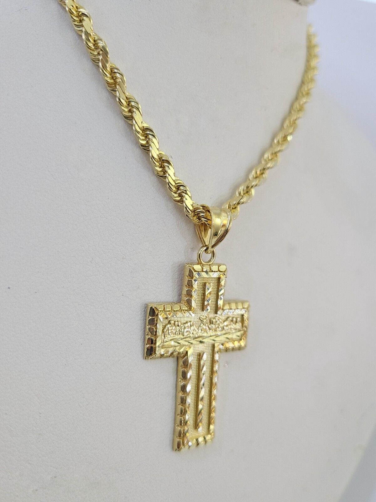 10k Solid Rope Chain Last Supper Cross Charm Set 4mm 18" - 28" Necklace Yellow - GoldenlinQ