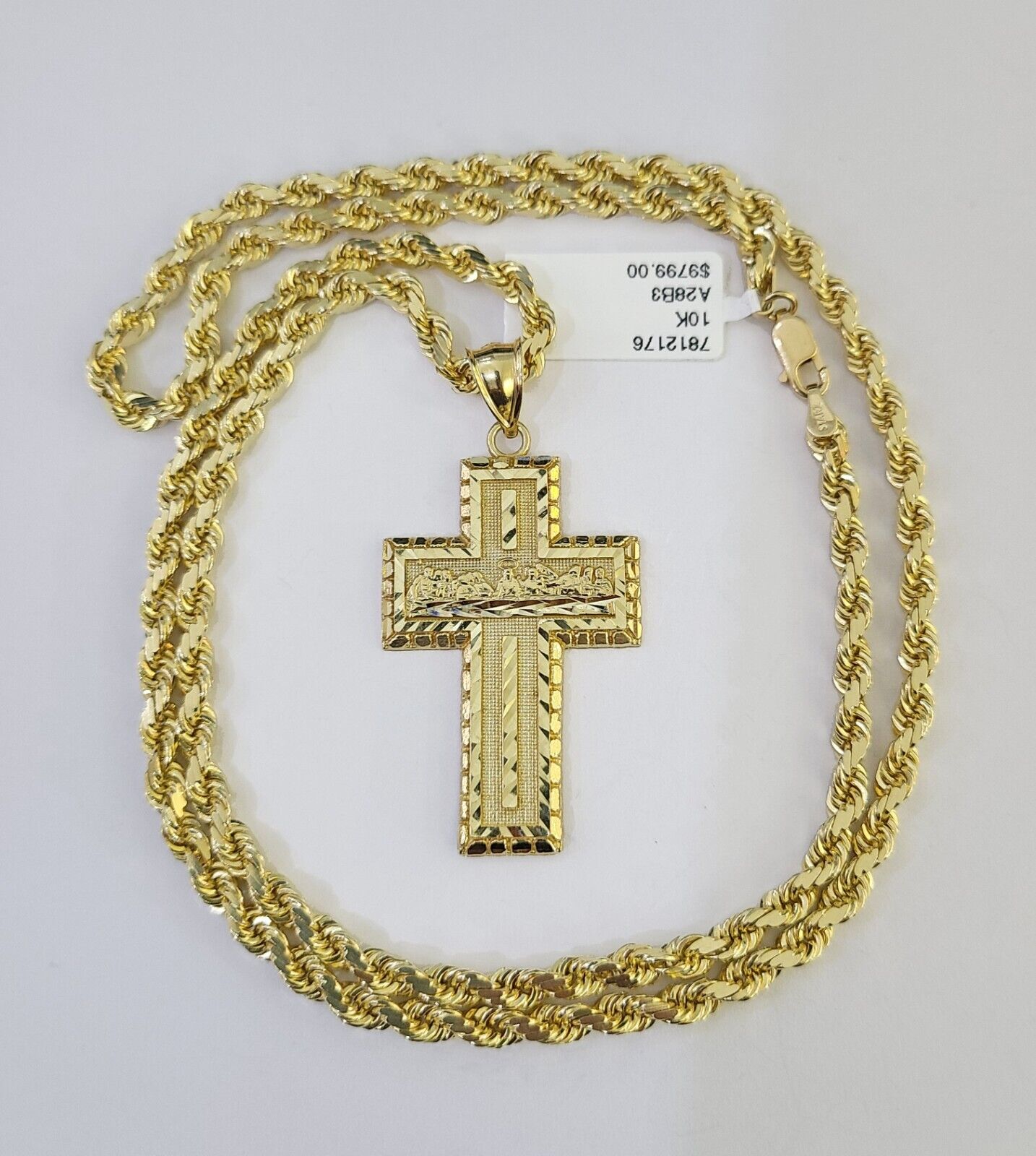 10k Solid Rope Chain Last Supper Cross Charm Set 4mm 18" - 28" Necklace Yellow - GoldenlinQ