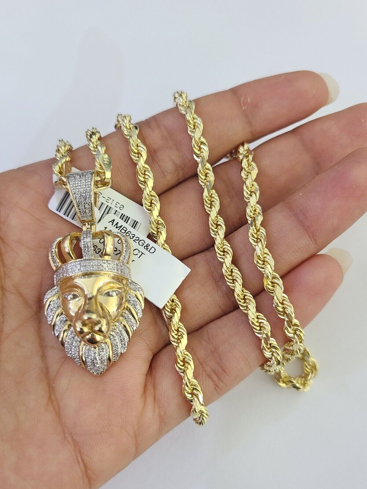 10k Solid Rope Chain Lion Charm Diamond Set 4mm 20" - 28" Necklace Gold Yellow - GoldenlinQ