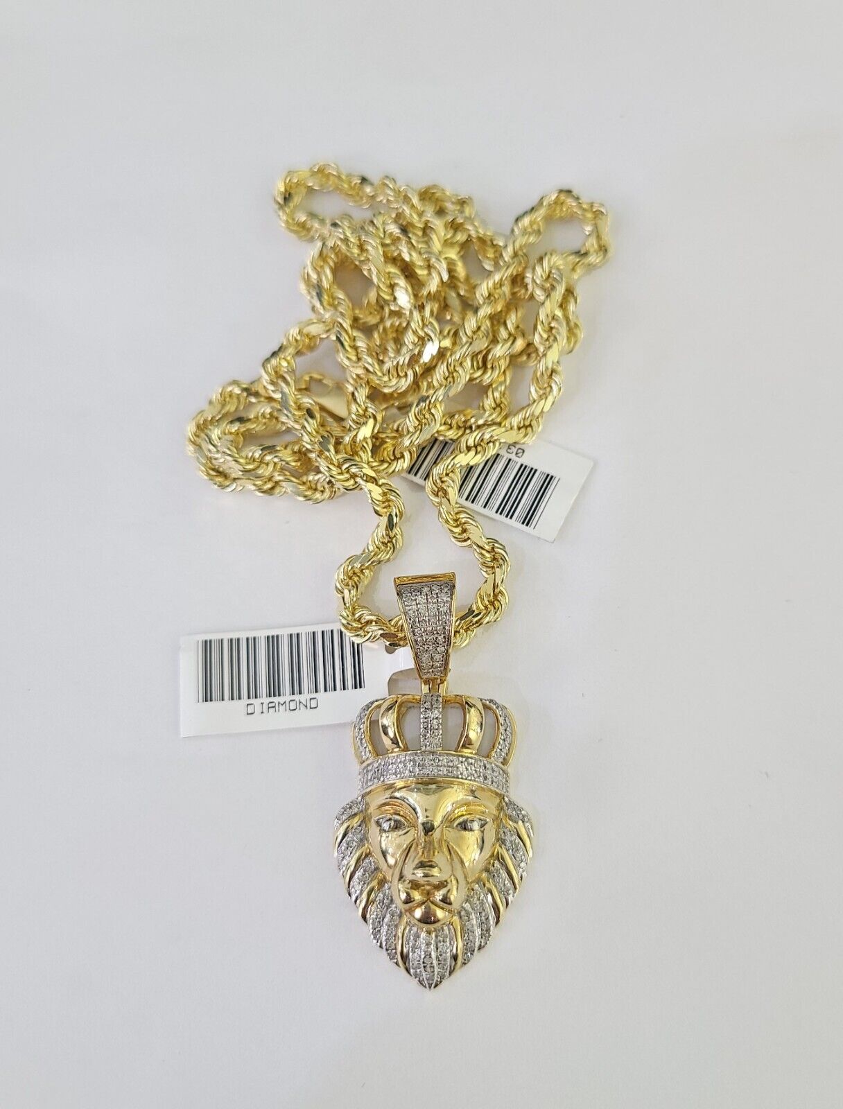 10k Solid Rope Chain Lion Charm Diamond Set 4mm 20" - 28" Necklace Gold Yellow - GoldenlinQ
