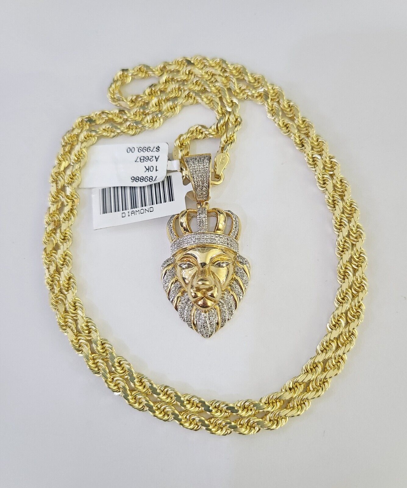 10k Solid Rope Chain Lion Charm Diamond Set 4mm 20" - 28" Necklace Gold Yellow - GoldenlinQ