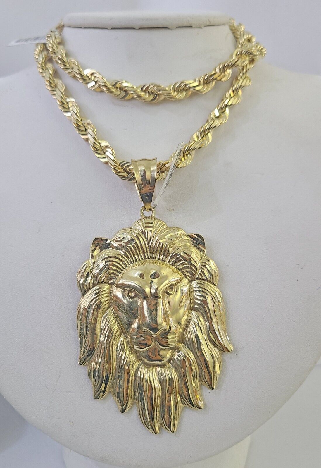 10k Solid Rope Chain Lion Pendant Necklace 7mm 20" - 30" SET Charm Real - GoldenlinQ