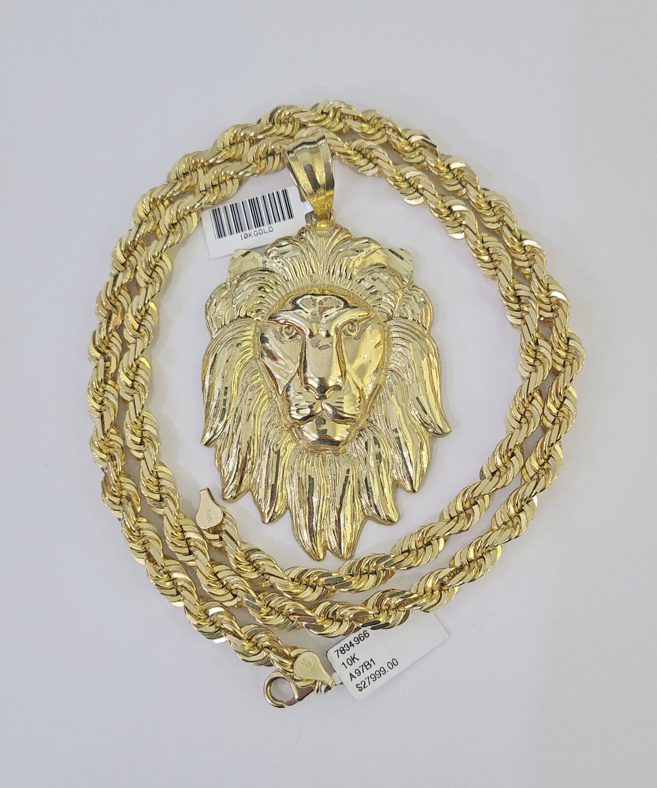 10k Solid Rope Chain Lion Pendant Necklace 7mm 20" - 30" SET Charm Real - GoldenlinQ