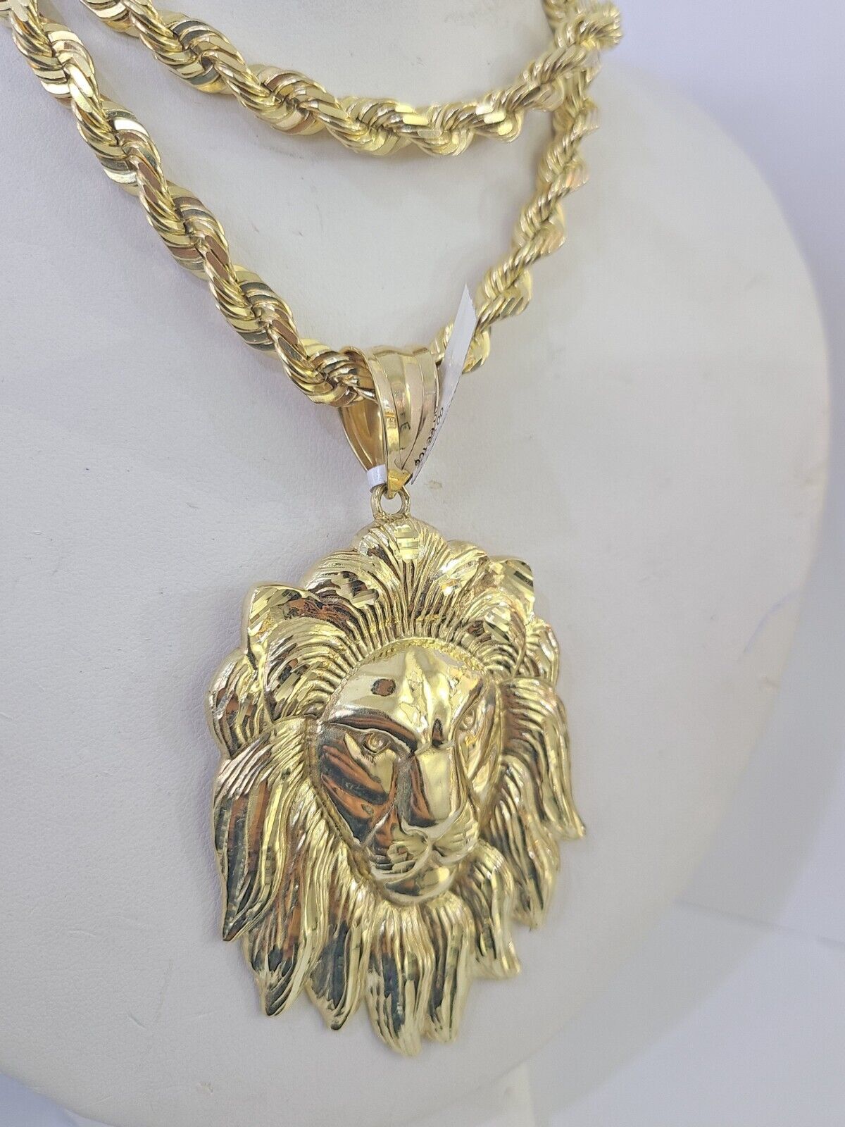 10k Solid Rope Chain Lion Pendant Necklace 7mm 20" - 30" SET Charm Real - GoldenlinQ