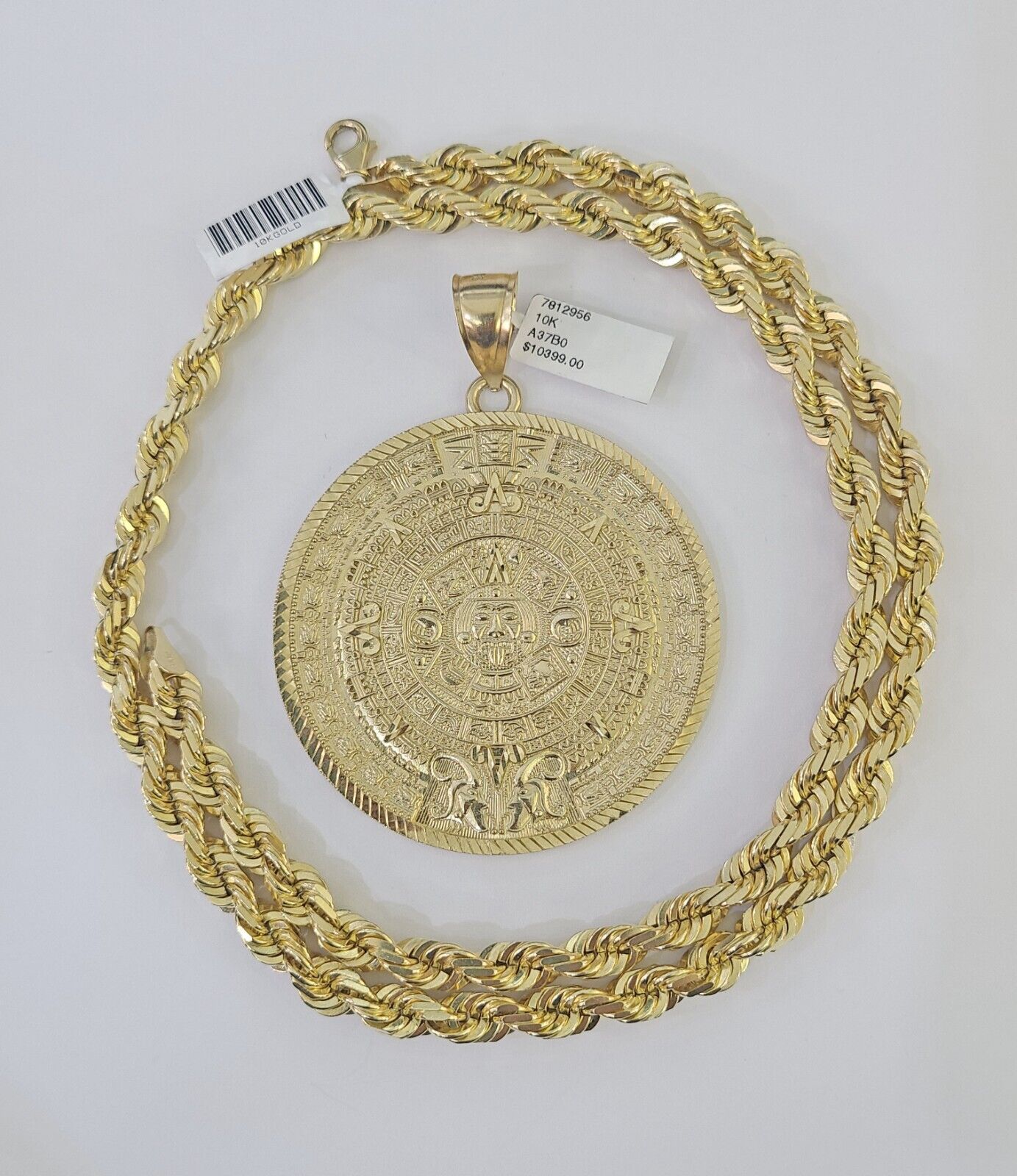10k Solid Rope Chain Mayan Calendar Pendant Necklace 7mm 20" - 30" SET Charm - GoldenlinQ