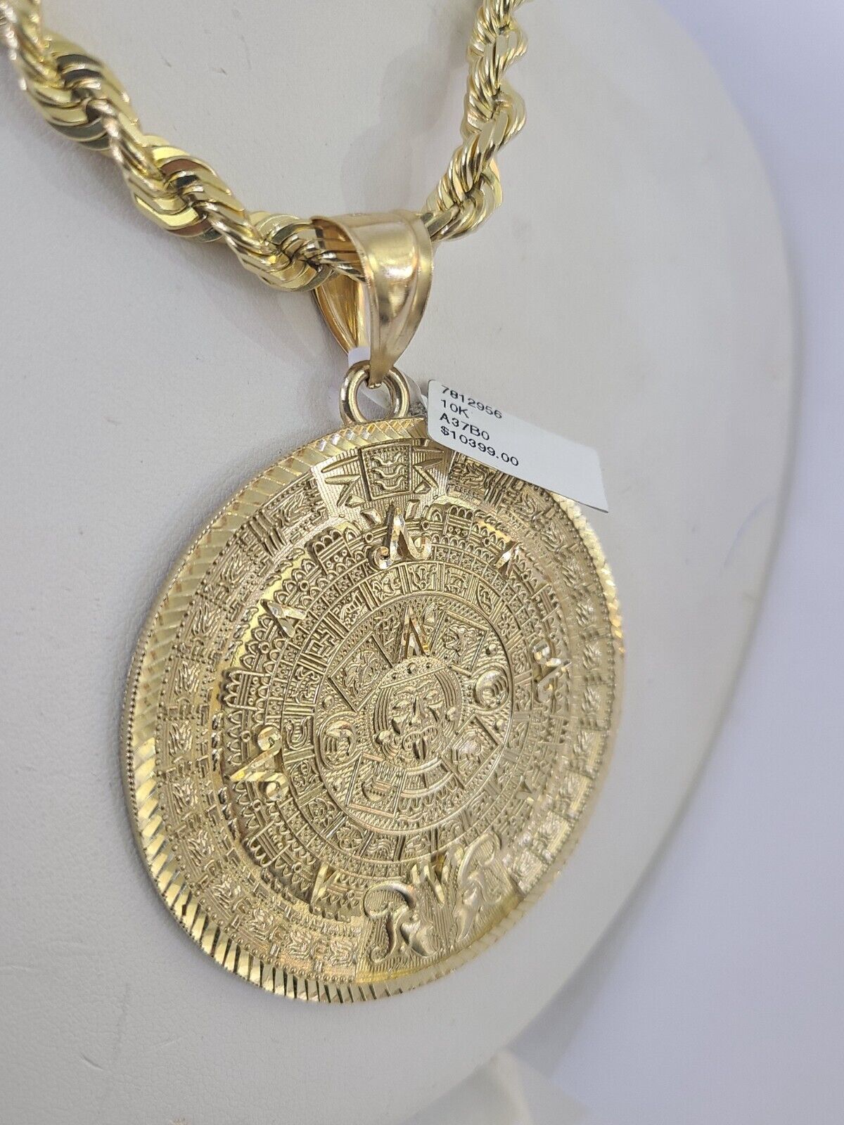 10k Solid Rope Chain Mayan Calendar Pendant Necklace 7mm 20" - 30" SET Charm - GoldenlinQ