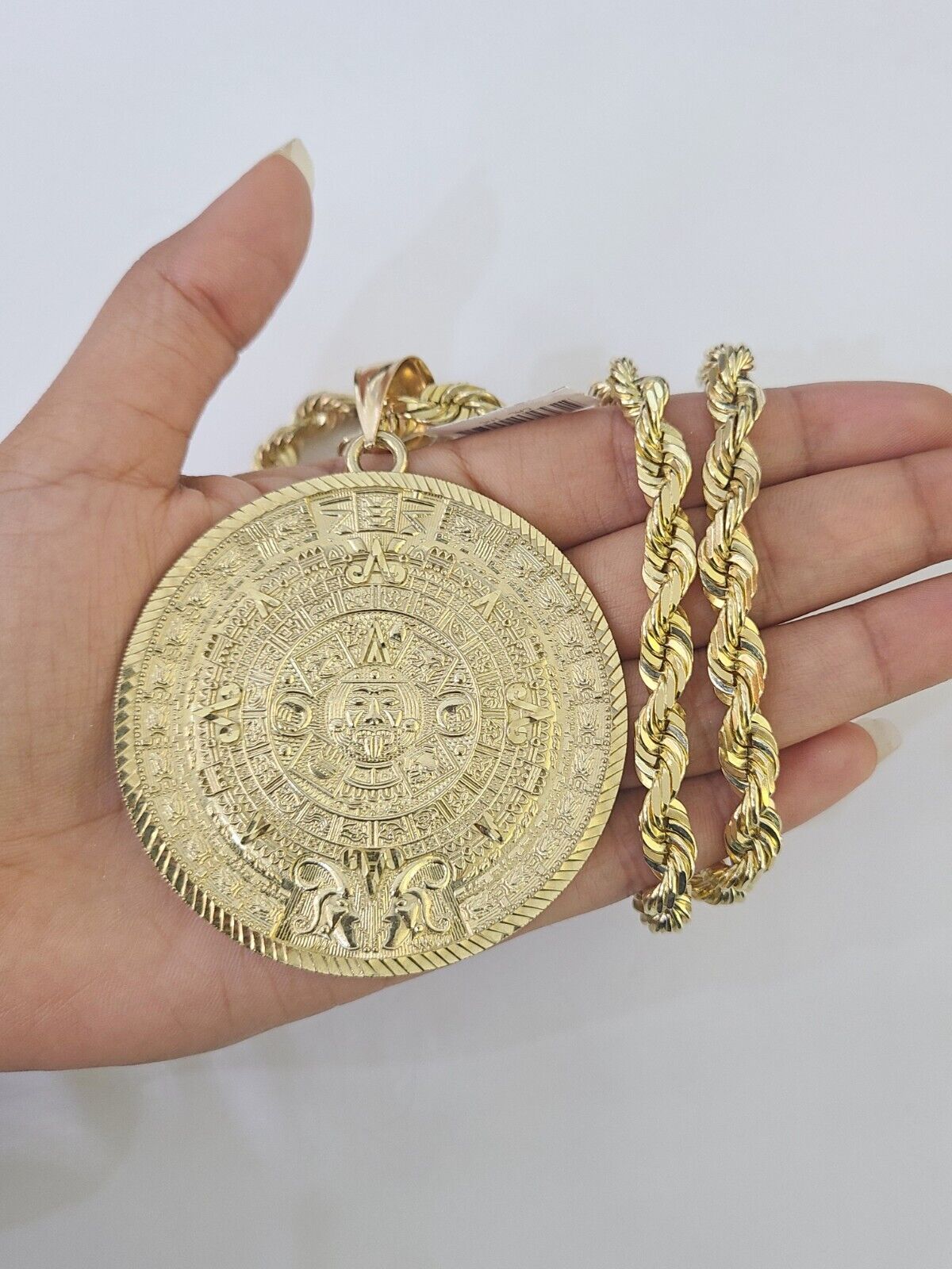 10k Solid Rope Chain Mayan Calendar Pendant Necklace 7mm 20" - 30" SET Charm - GoldenlinQ