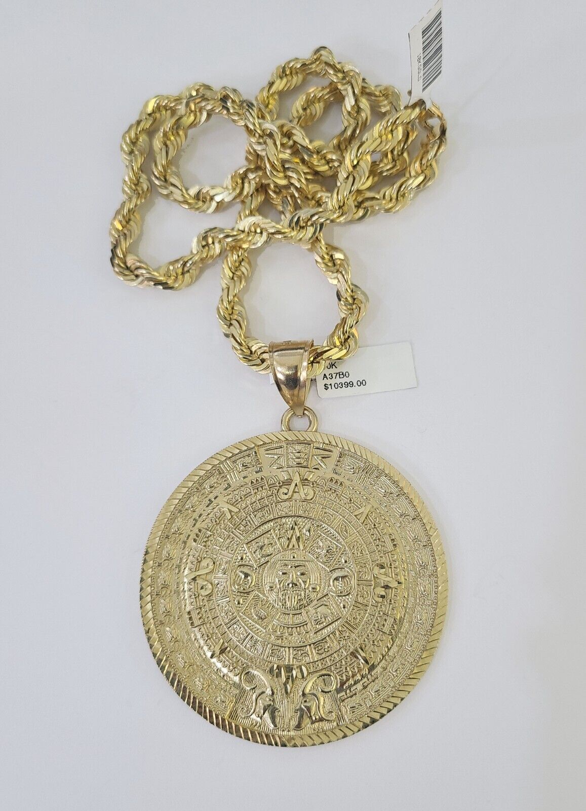 10k Solid Rope Chain Mayan Calendar Pendant Necklace 7mm 20" - 30" SET Charm - GoldenlinQ