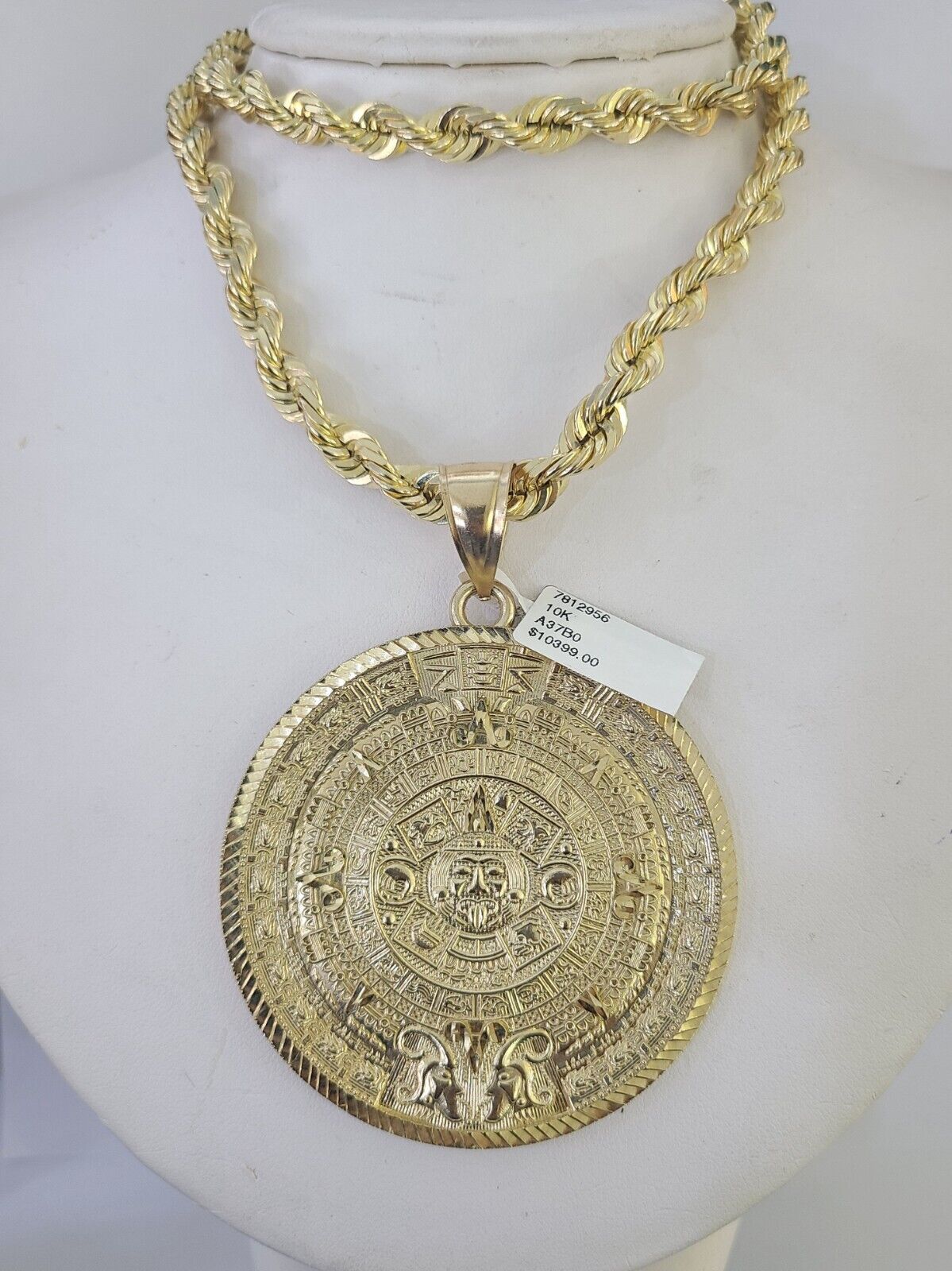 10k Solid Rope Chain Mayan Calendar Pendant Necklace 7mm 20" - 30" SET Charm - GoldenlinQ