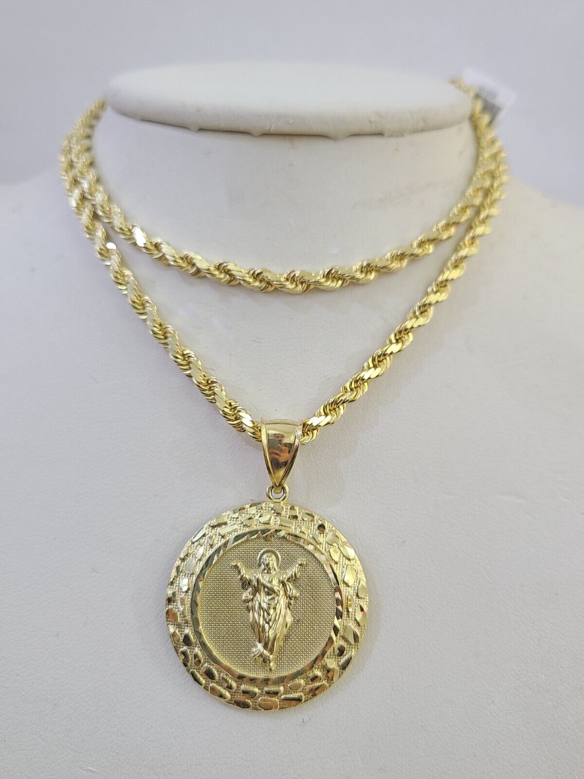 10k Solid Rope Chain Nugget Medallion Guadalupe Charm Set 4mm 18" - 28" Necklace - GoldenlinQ