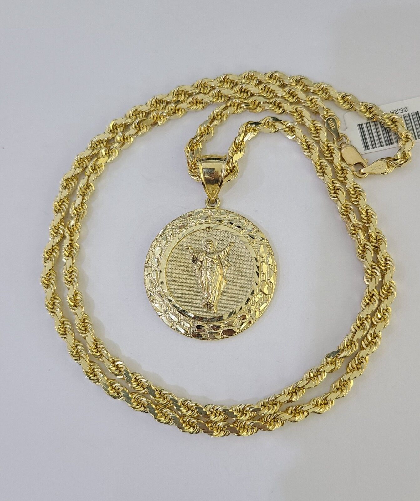 10k Solid Rope Chain Nugget Medallion Guadalupe Charm Set 4mm 18" - 28" Necklace - GoldenlinQ
