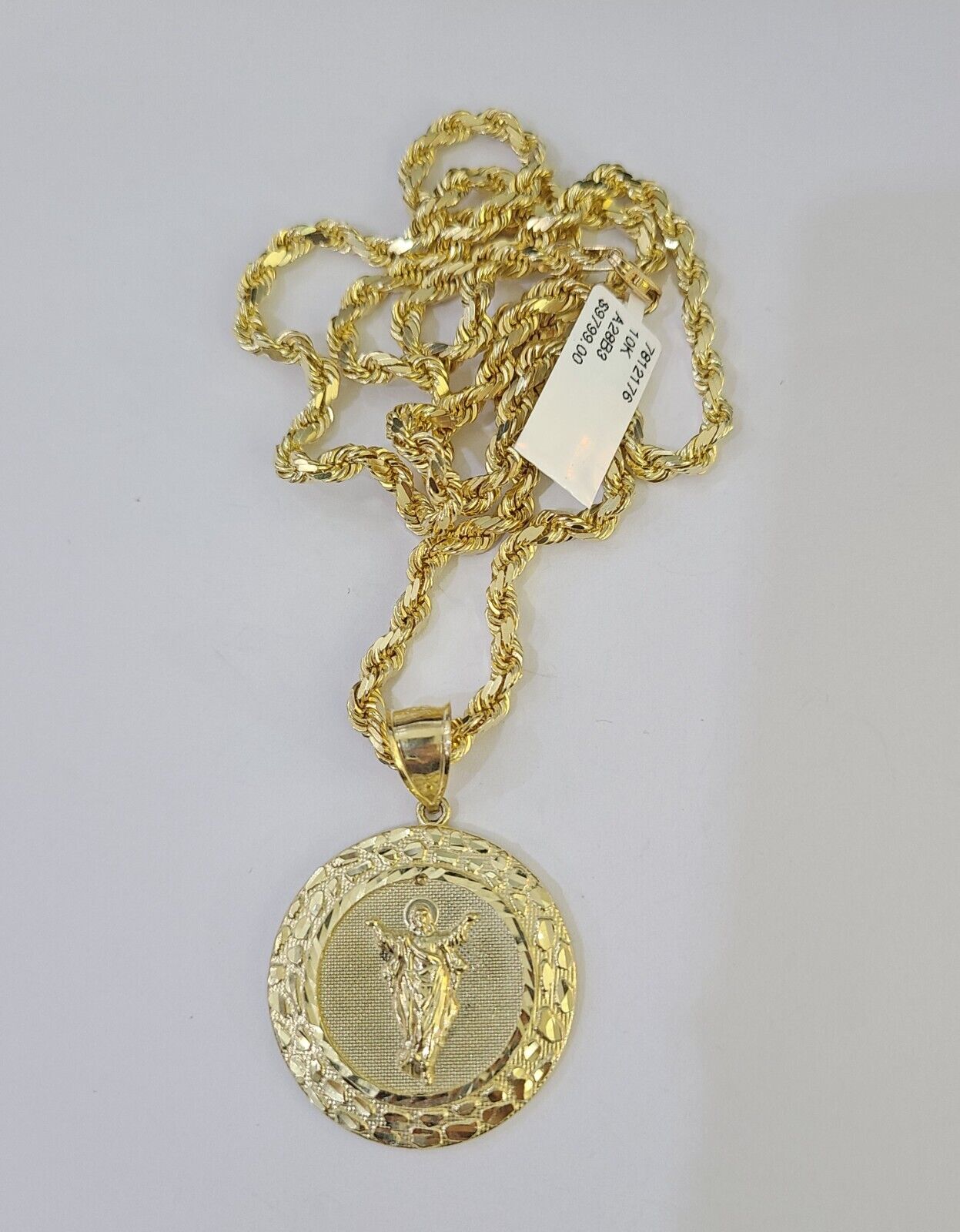 10k Solid Rope Chain Nugget Medallion Guadalupe Charm Set 4mm 18" - 28" Necklace - GoldenlinQ