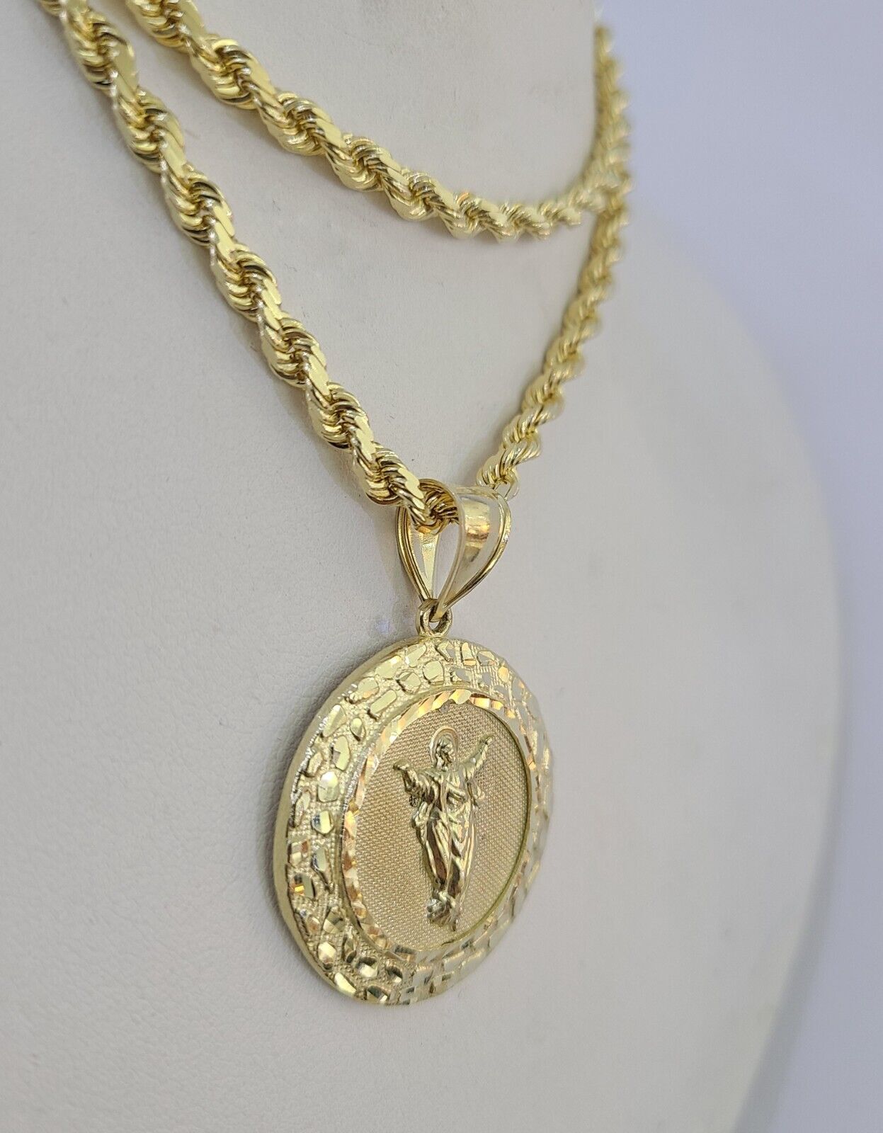 10k Solid Rope Chain Nugget Medallion Guadalupe Charm Set 4mm 18" - 28" Necklace - GoldenlinQ