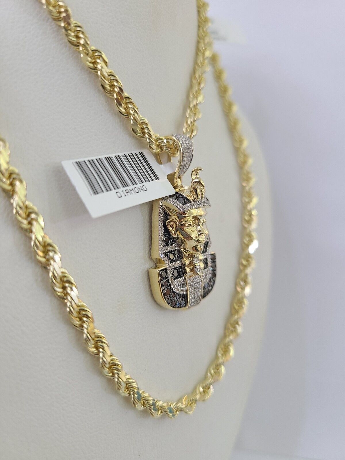 10k Solid Rope Chain Pharaoh Charm Diamond Set 4mm 20" - 28" Necklace Gold Yellow - GoldenlinQ