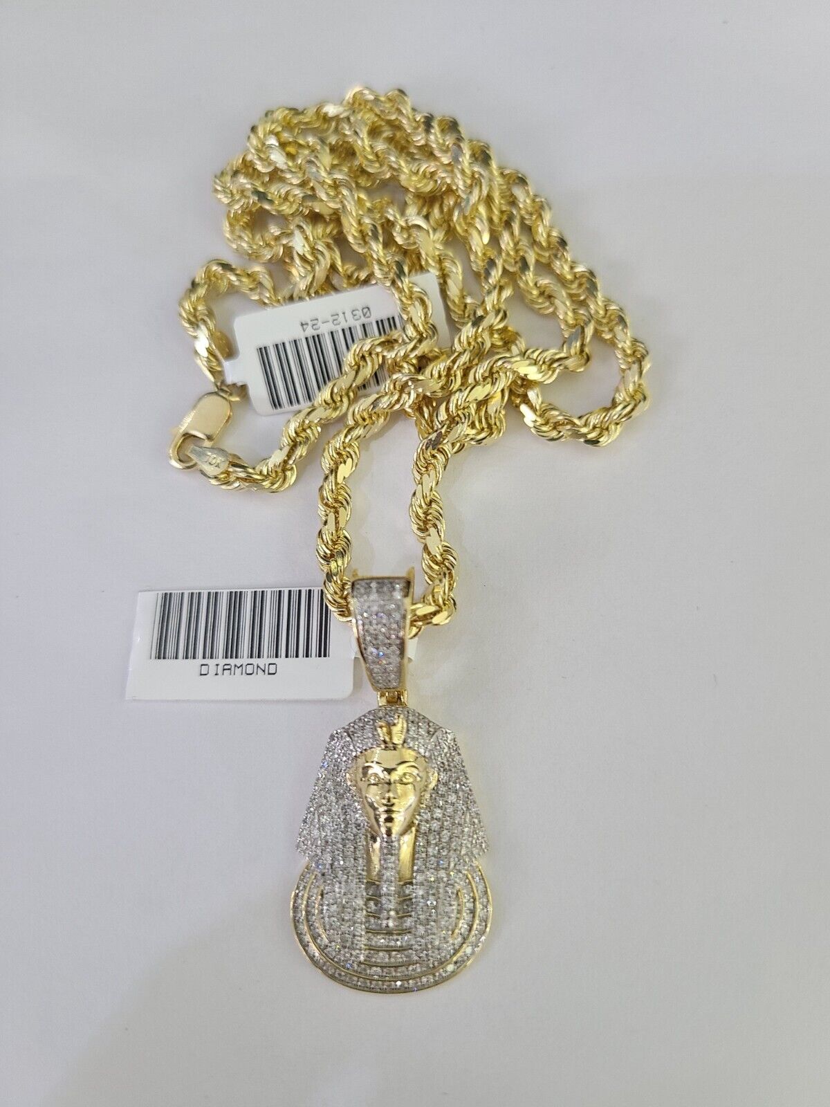 10k Solid Rope Chain Pharaoh Charm Diamond Set 4mm 20" - 28" Necklace Gold Yellow - GoldenlinQ
