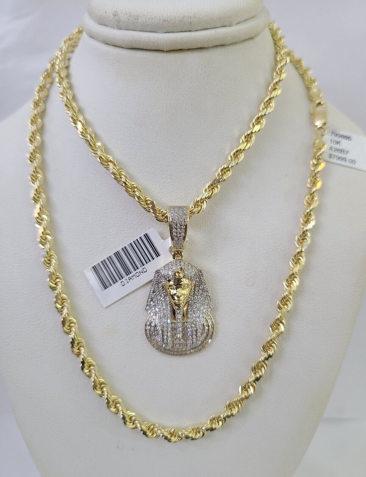 10k Solid Rope Chain Pharaoh Charm Diamond Set 4mm 20" - 28" Necklace Gold Yellow - GoldenlinQ