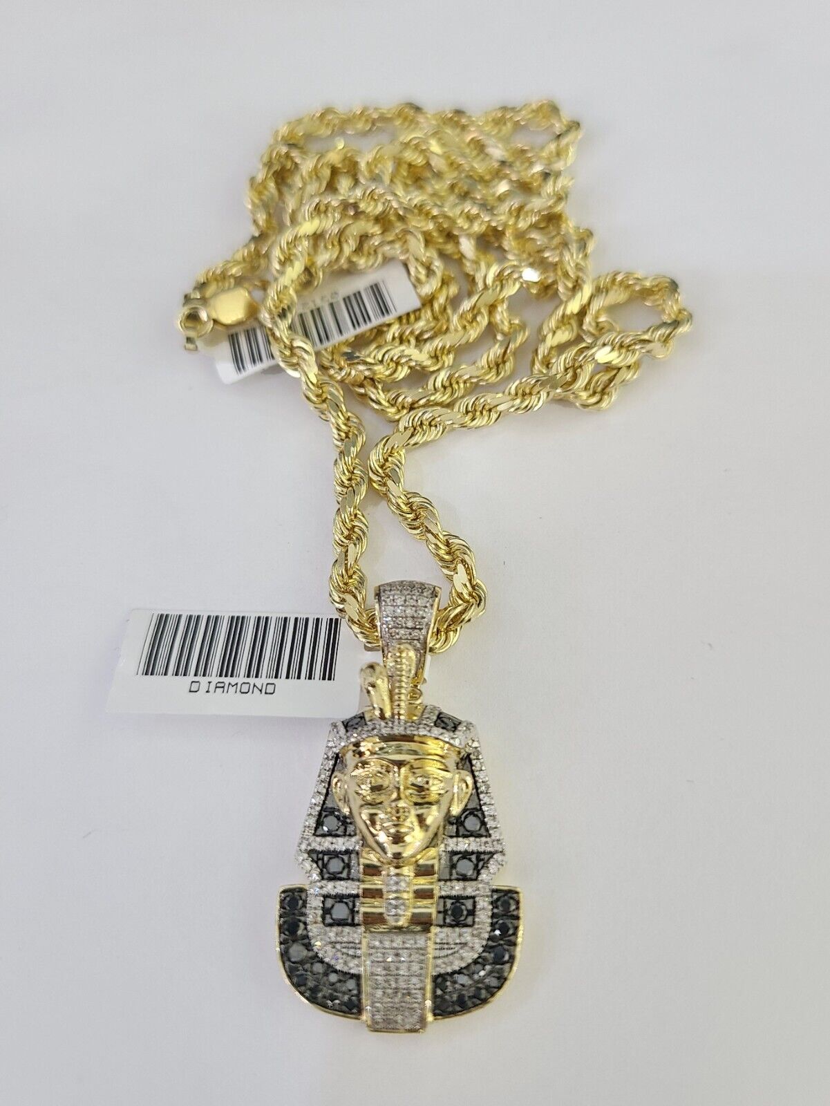 10k Solid Rope Chain Pharaoh Charm Diamond Set 4mm 20" - 28" Necklace Gold Yellow - GoldenlinQ