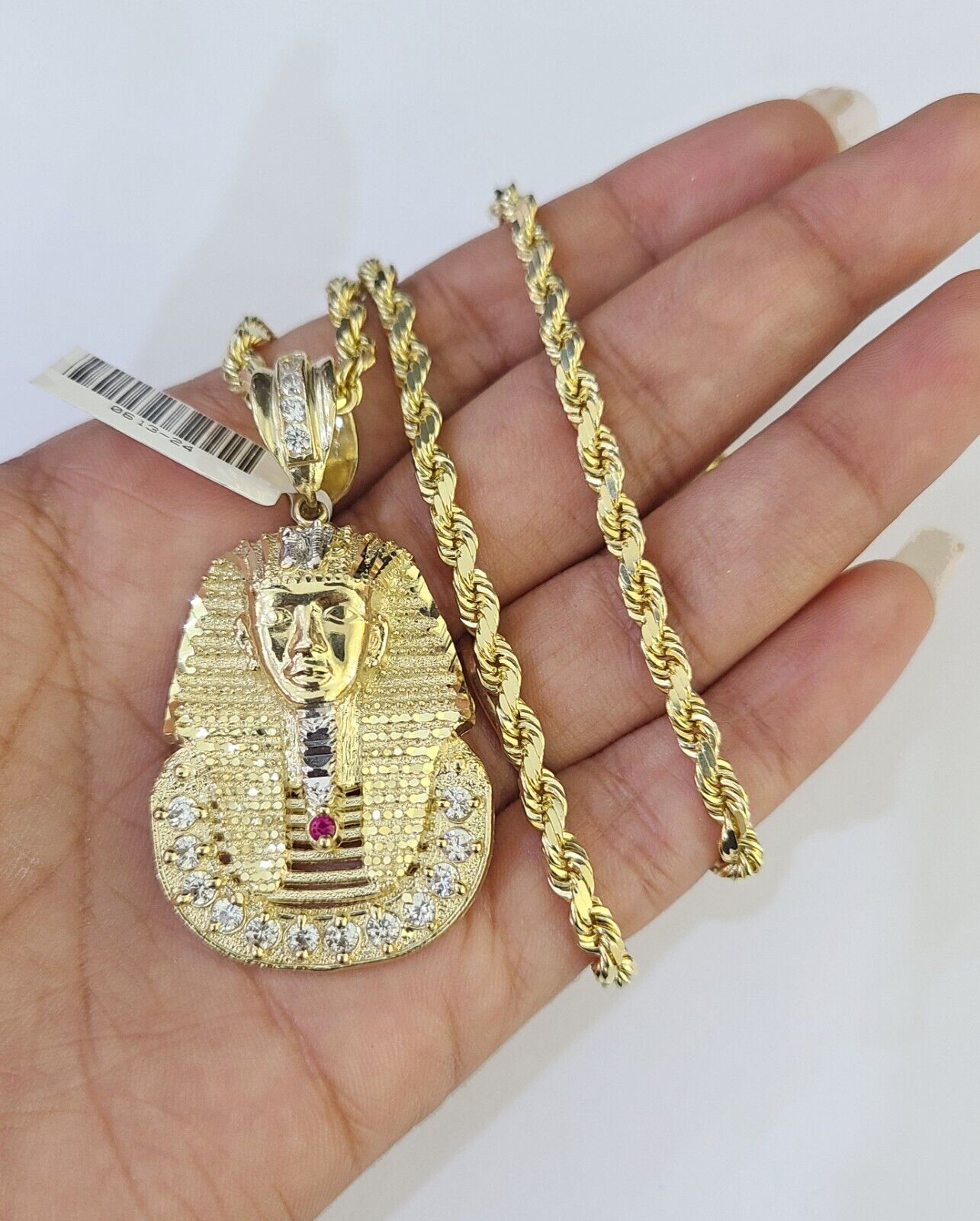 10k Solid Rope Chain Pharaoh Charm Set 4mm 18" - 28" Necklace Yellow Gold Pendant - GoldenlinQ