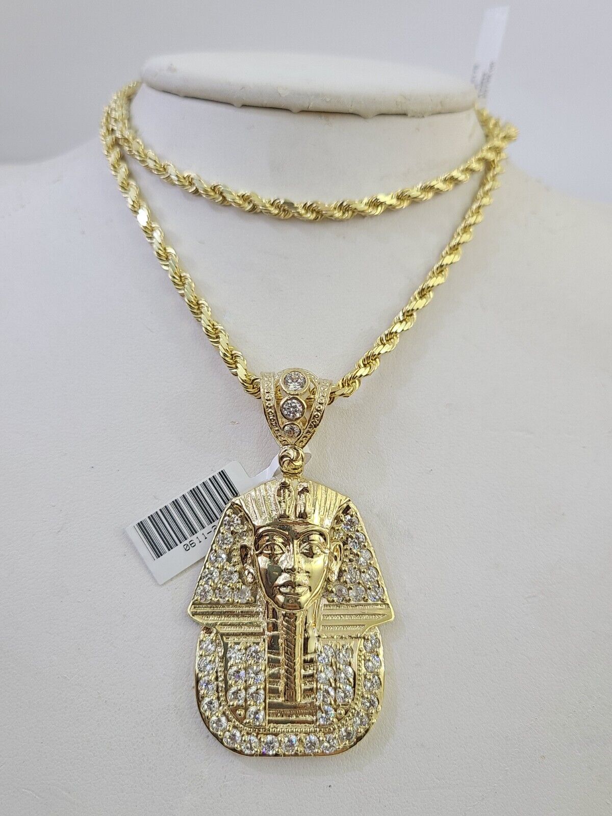 10k Solid Rope Chain Pharaoh Charm Set 4mm 18" - 28" Necklace Yellow Gold Pendant - GoldenlinQ