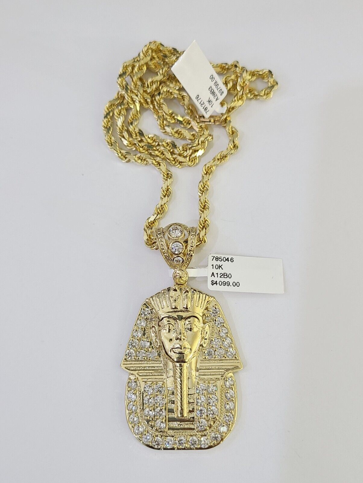 10k Solid Rope Chain Pharaoh Charm Set 4mm 18" - 28" Necklace Yellow Gold Pendant - GoldenlinQ