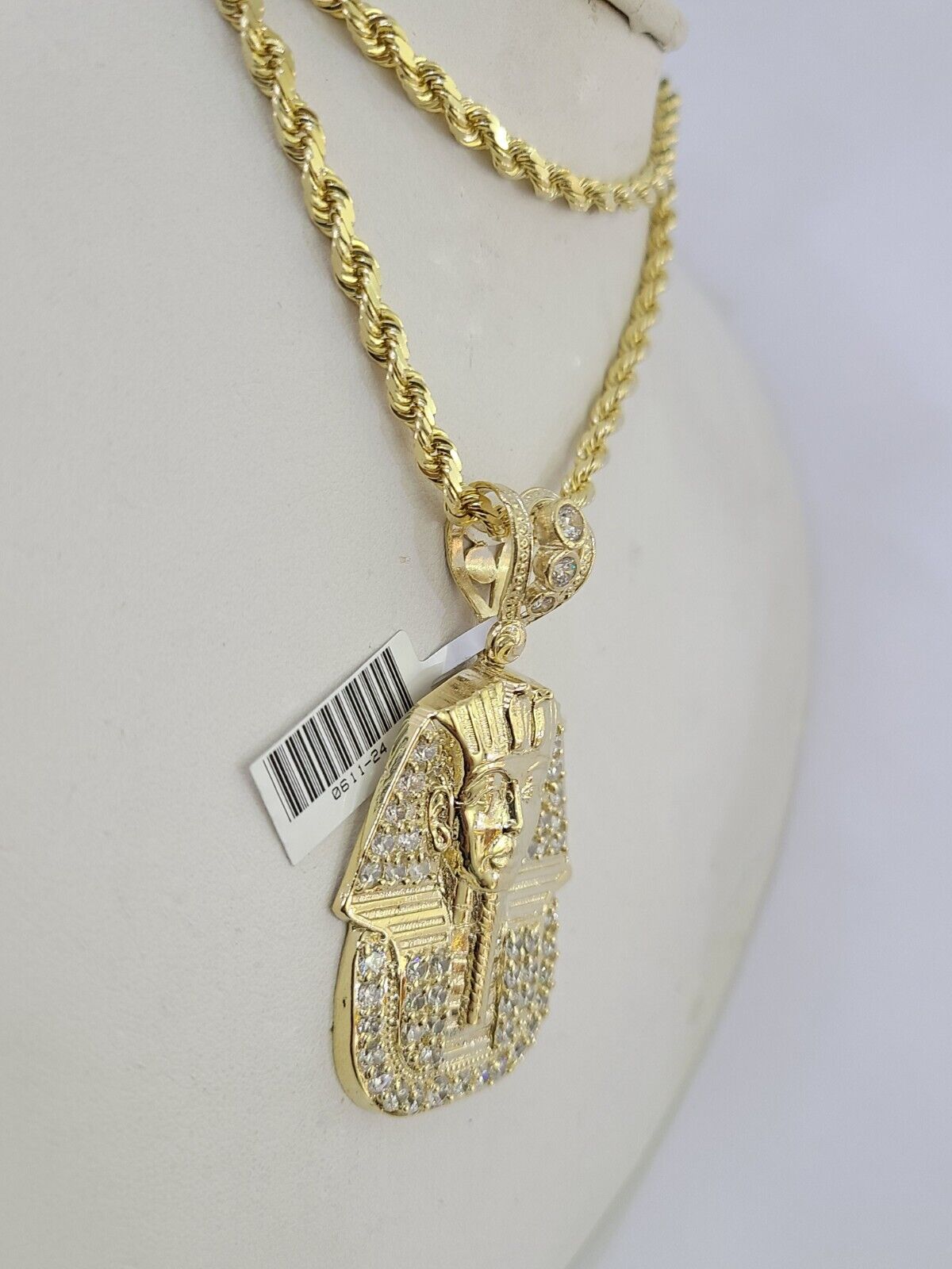 10k Solid Rope Chain Pharaoh Charm Set 4mm 18" - 28" Necklace Yellow Gold Pendant - GoldenlinQ
