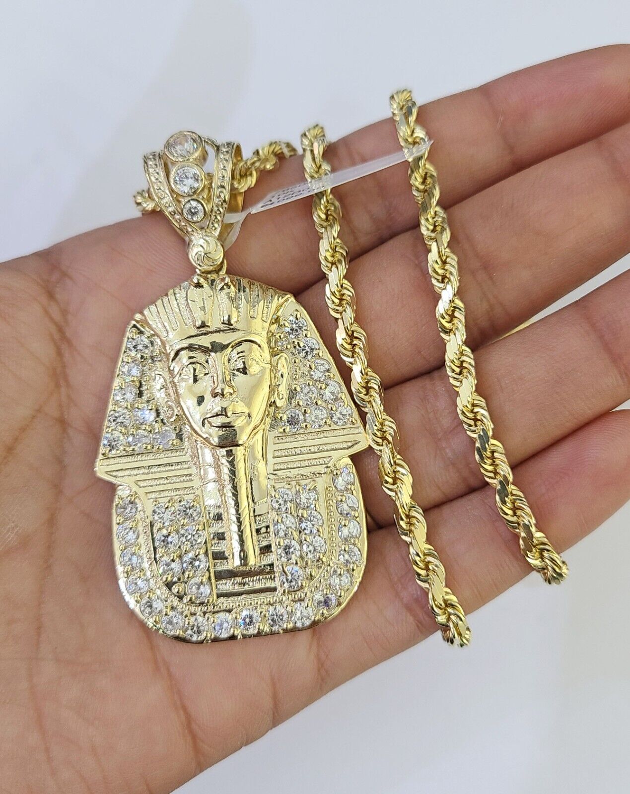 10k Solid Rope Chain Pharaoh Charm Set 4mm 18" - 28" Necklace Yellow Gold Pendant - GoldenlinQ