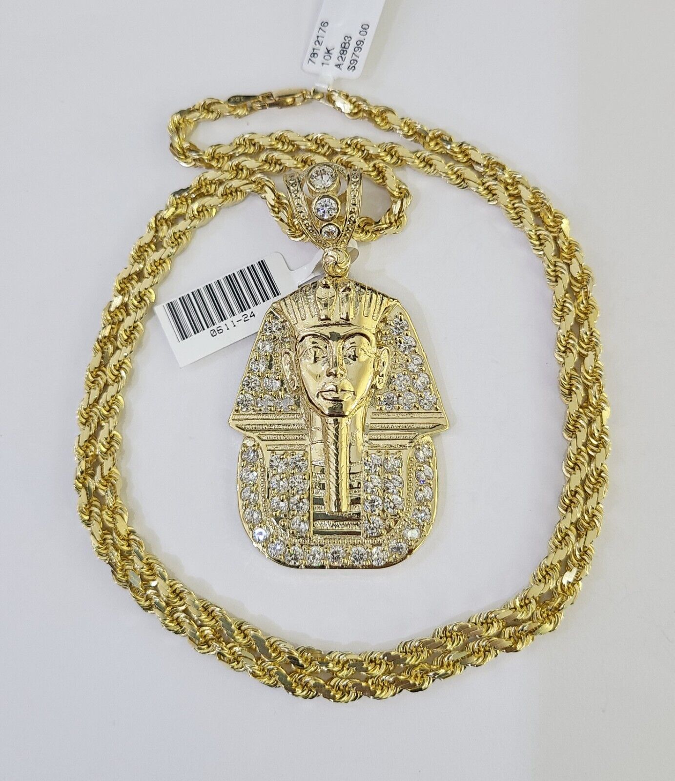 10k Solid Rope Chain Pharaoh Charm Set 4mm 18" - 28" Necklace Yellow Gold Pendant - GoldenlinQ